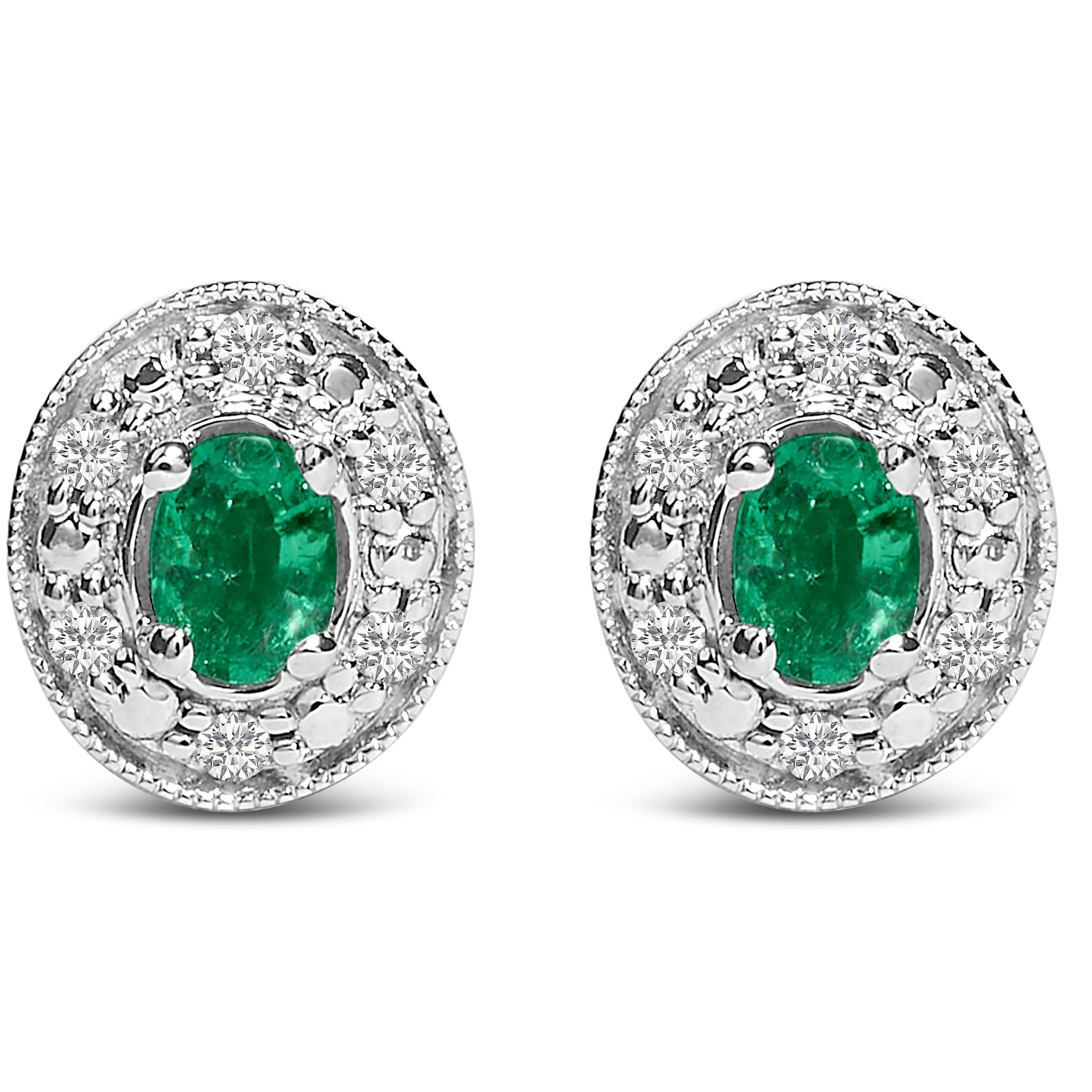 14K White Gold Oval Green Emerald and 1/10 Cttw Diamond Halo Stud Earrings (I-J Color, I1-I2 Clarity) DestGlow