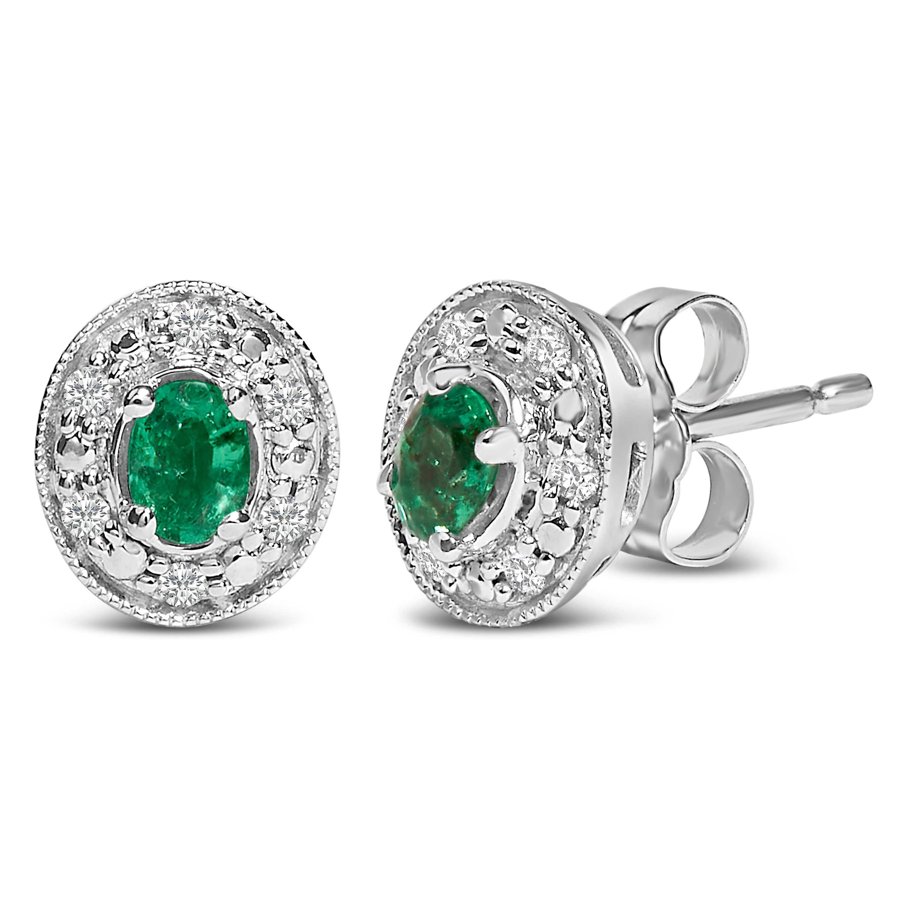14K White Gold Oval Green Emerald and 1/10 Cttw Diamond Halo Stud Earrings (I-J Color, I1-I2 Clarity) DestGlow