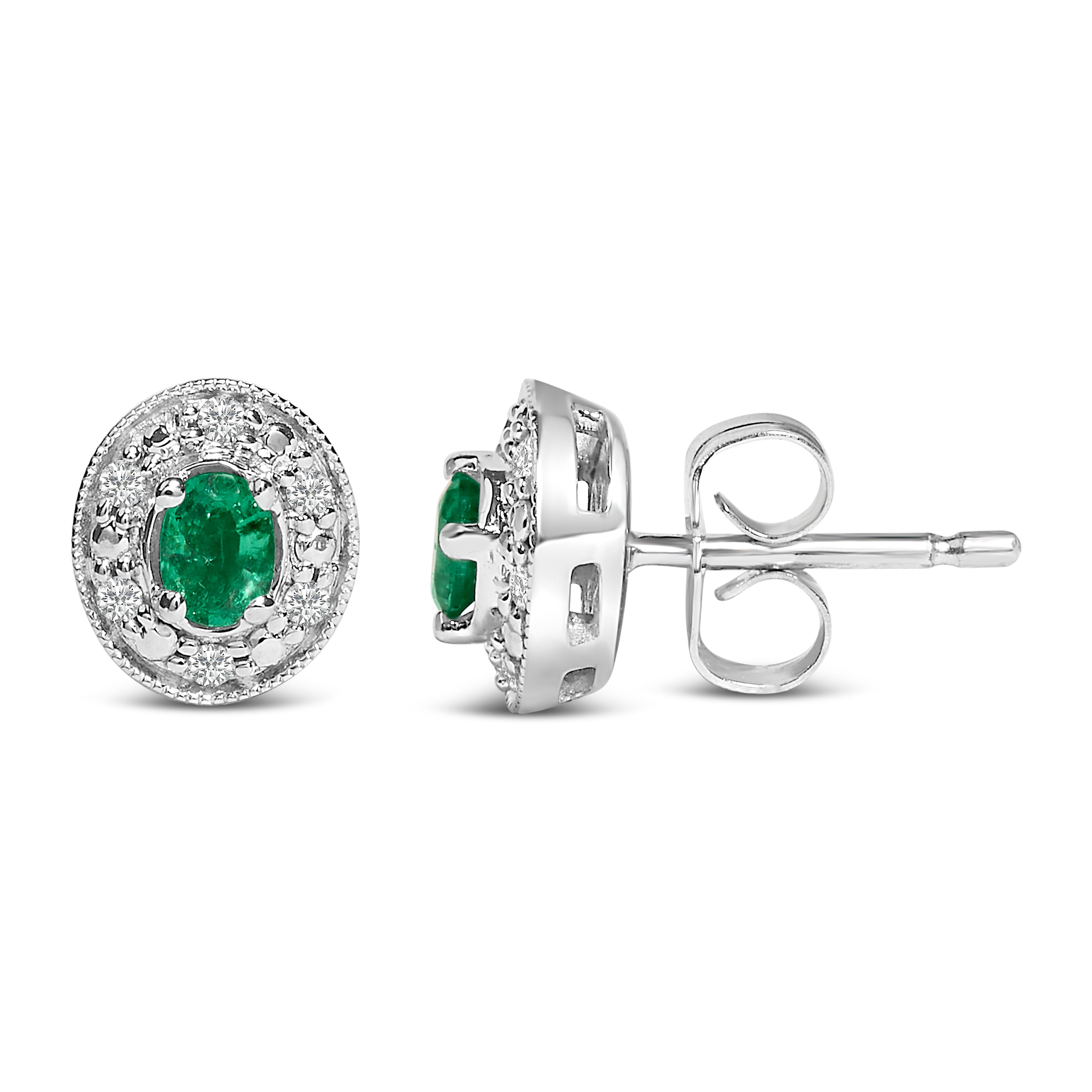 14K White Gold Oval Green Emerald and 1/10 Cttw Diamond Halo Stud Earrings (I-J Color, I1-I2 Clarity) DestGlow