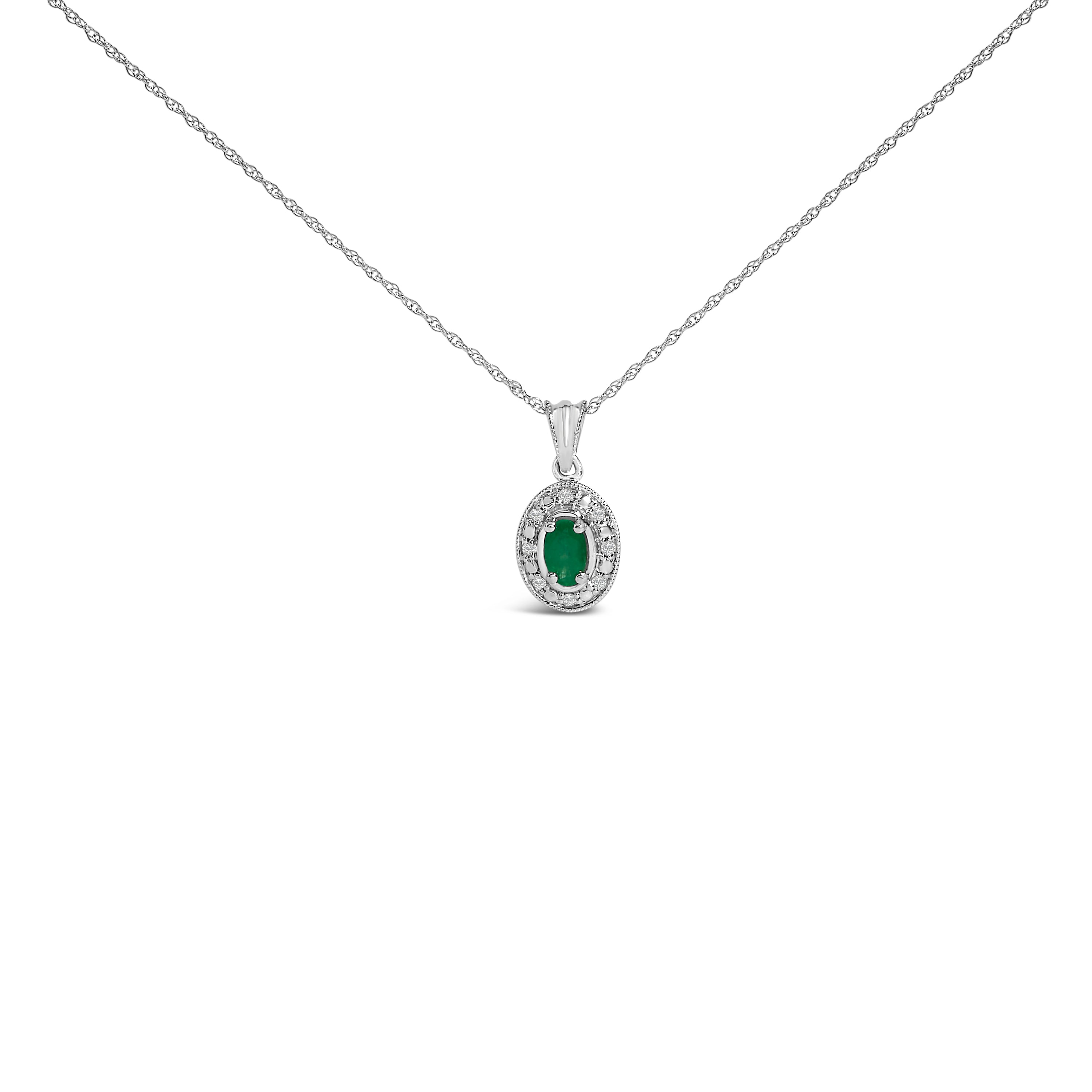 14K White Gold Oval Green Emerald and Diamond Halo Pendant Necklace - 18" Inches DestGlow