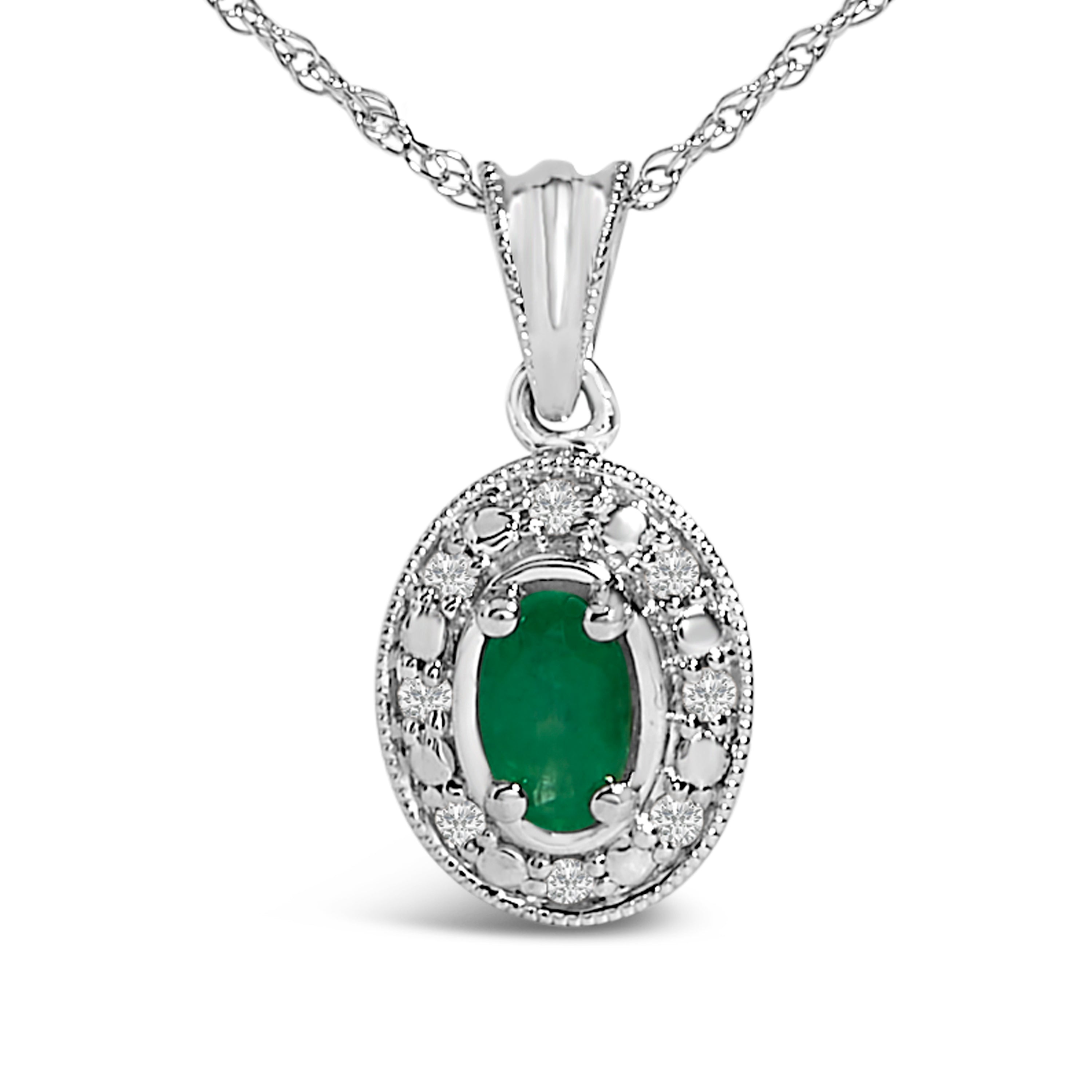 14K White Gold Oval Green Emerald and Diamond Halo Pendant Necklace - 18" Inches DestGlow