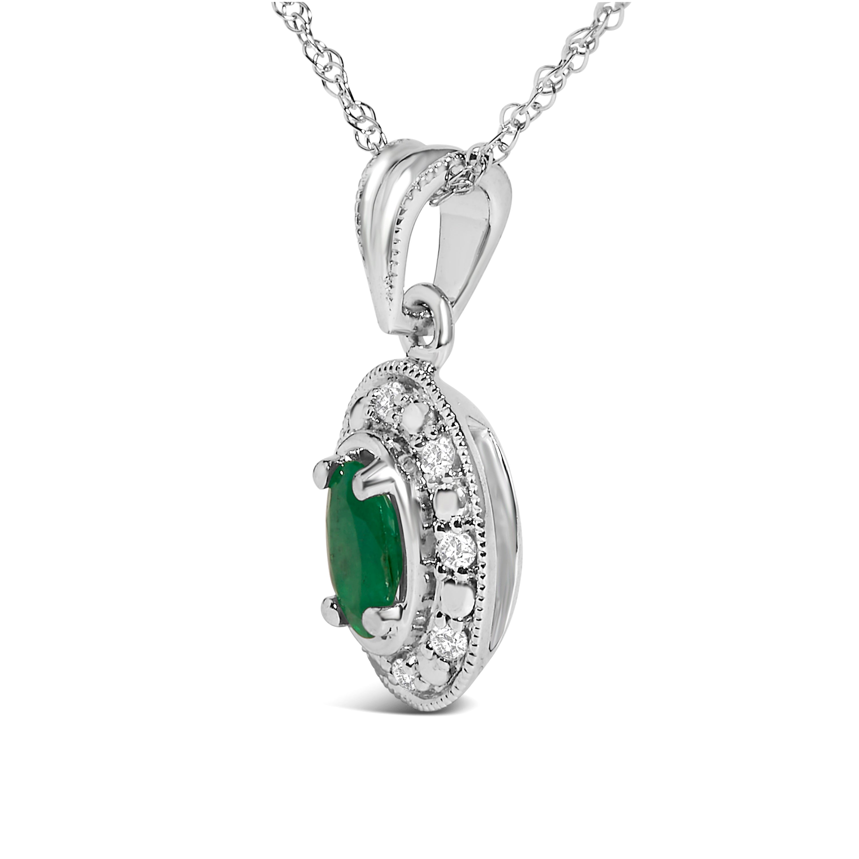 14K White Gold Oval Green Emerald and Diamond Halo Pendant Necklace - 18" Inches DestGlow