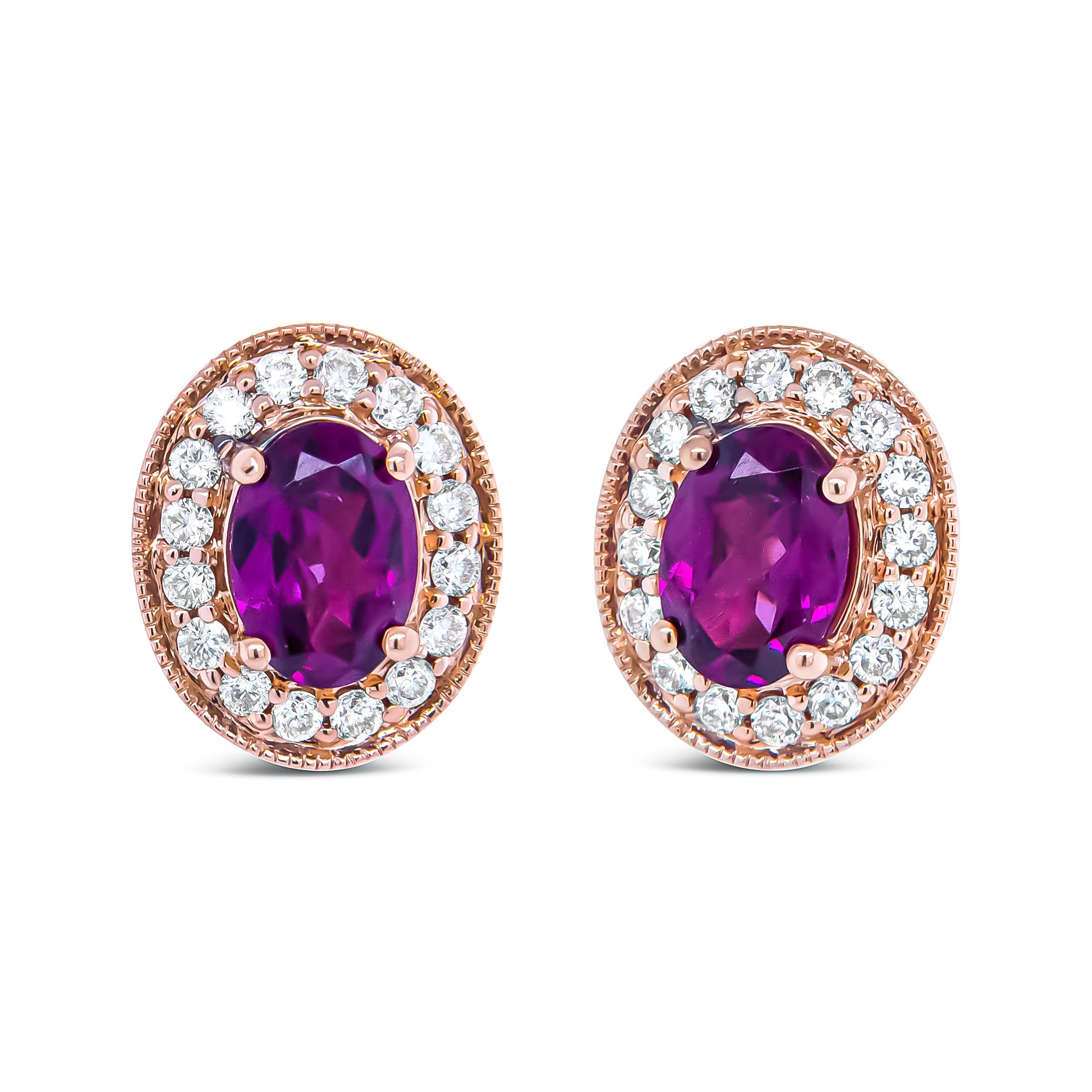14K Rose Gold 7x5mm Oval Cut Garnet and 3/8 Cttw Round Diamond Halo Stud Earrings (G-H Color, SI1-SI2 Clarity) DestGlow