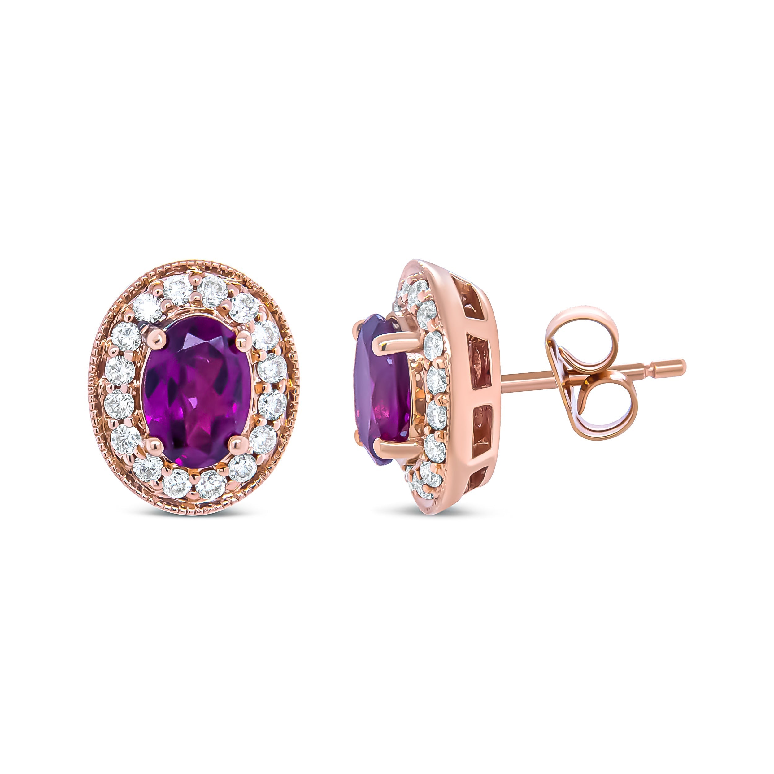14K Rose Gold 7x5mm Oval Cut Garnet and 3/8 Cttw Round Diamond Halo Stud Earrings (G-H Color, SI1-SI2 Clarity) DestGlow