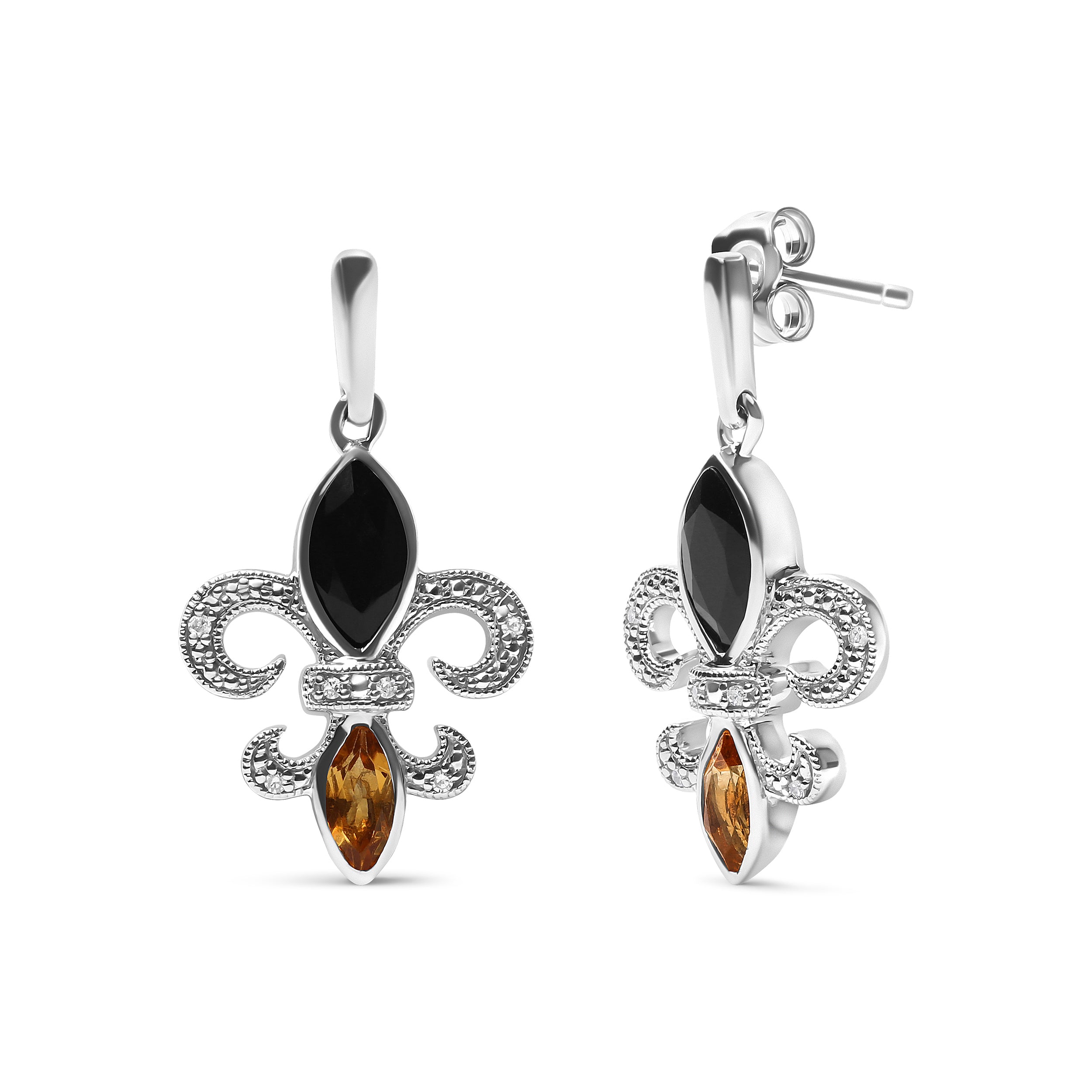.925 Sterling Silver Marquise Cut Onyx and Citrine with Diamond Accent Fleur De Lis Drop Stud Earrings (H-I Color, SI1-SI2 Clarity) DestGlow