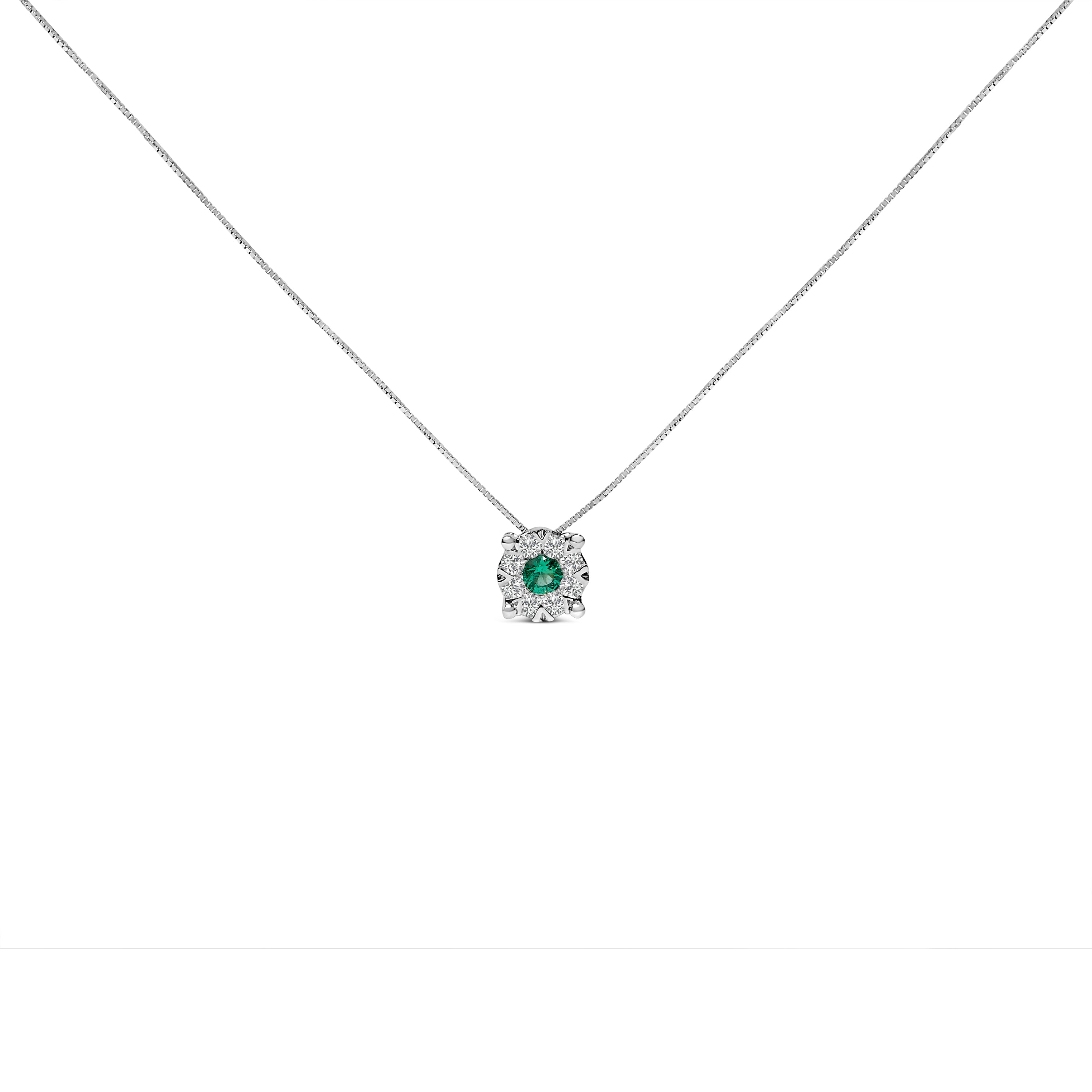 14K White Gold 3.8 MM Green Emerald and 1/3 Cttw Diamond Composite Halo 18" Pendant Necklace (F-G Color, VS2-SI1 Clarity) DestGlow