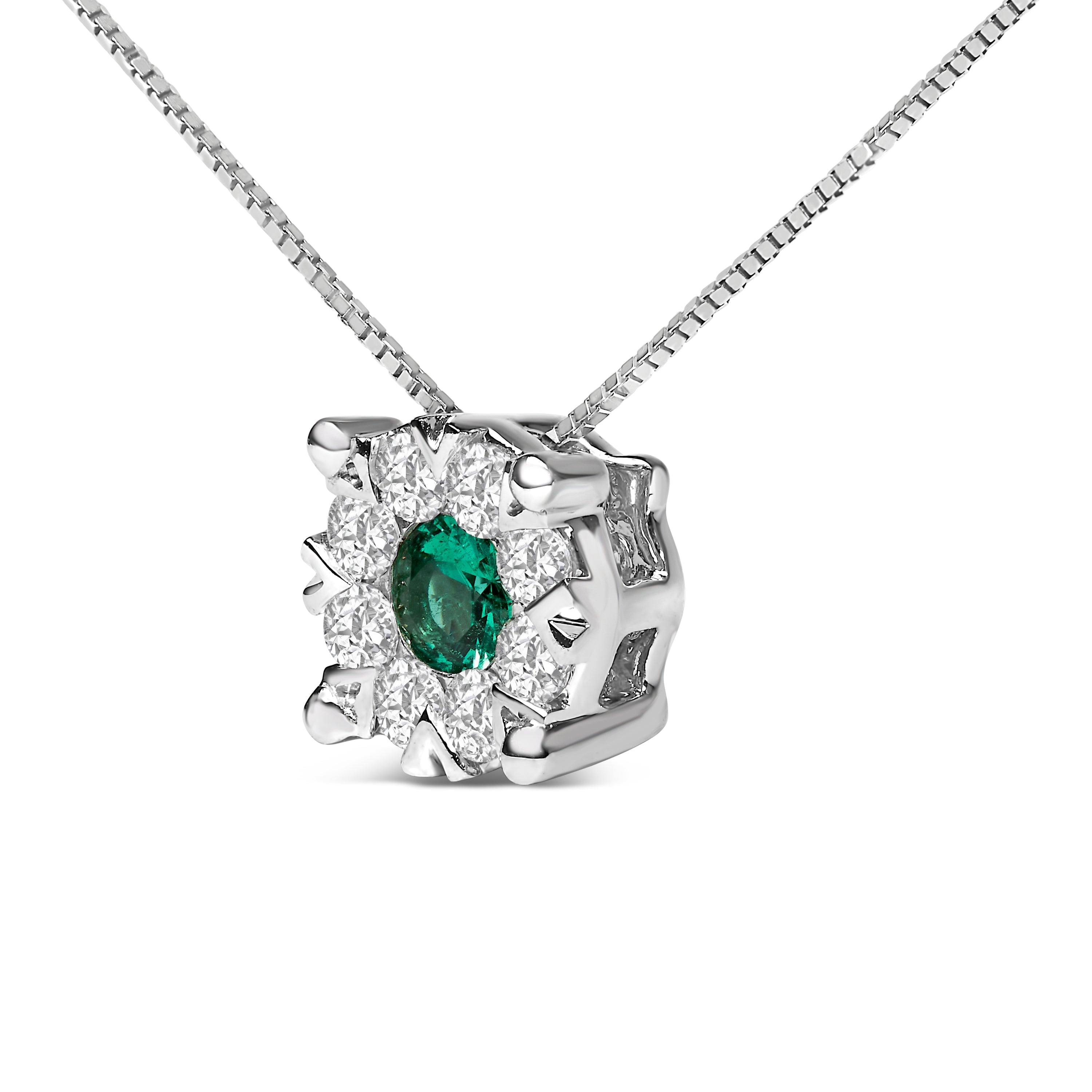 14K White Gold 3.8 MM Green Emerald and 1/3 Cttw Diamond Composite Halo 18" Pendant Necklace (F-G Color, VS2-SI1 Clarity) DestGlow