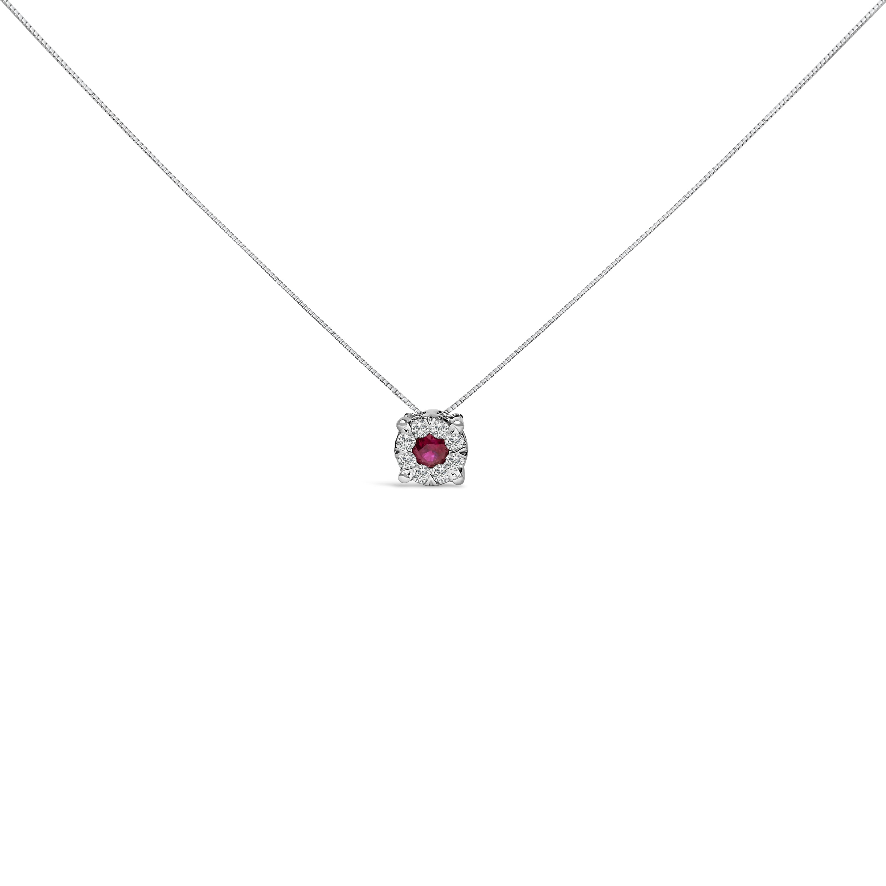 14K White Gold Red Ruby and 1/3 Cttw Diamond Halo Pendant Necklace DestGlow