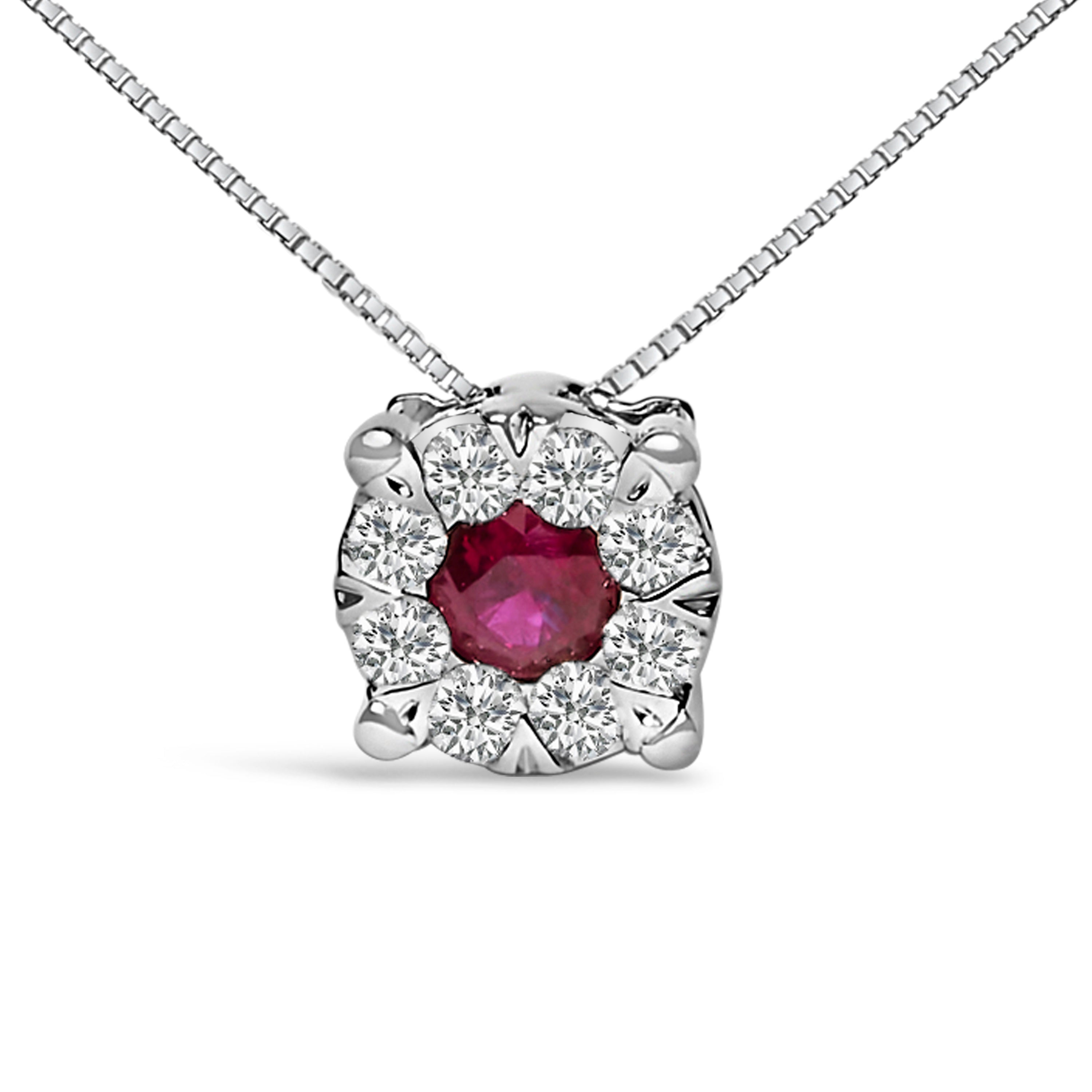 14K White Gold Red Ruby and 1/3 Cttw Diamond Halo Pendant Necklace DestGlow