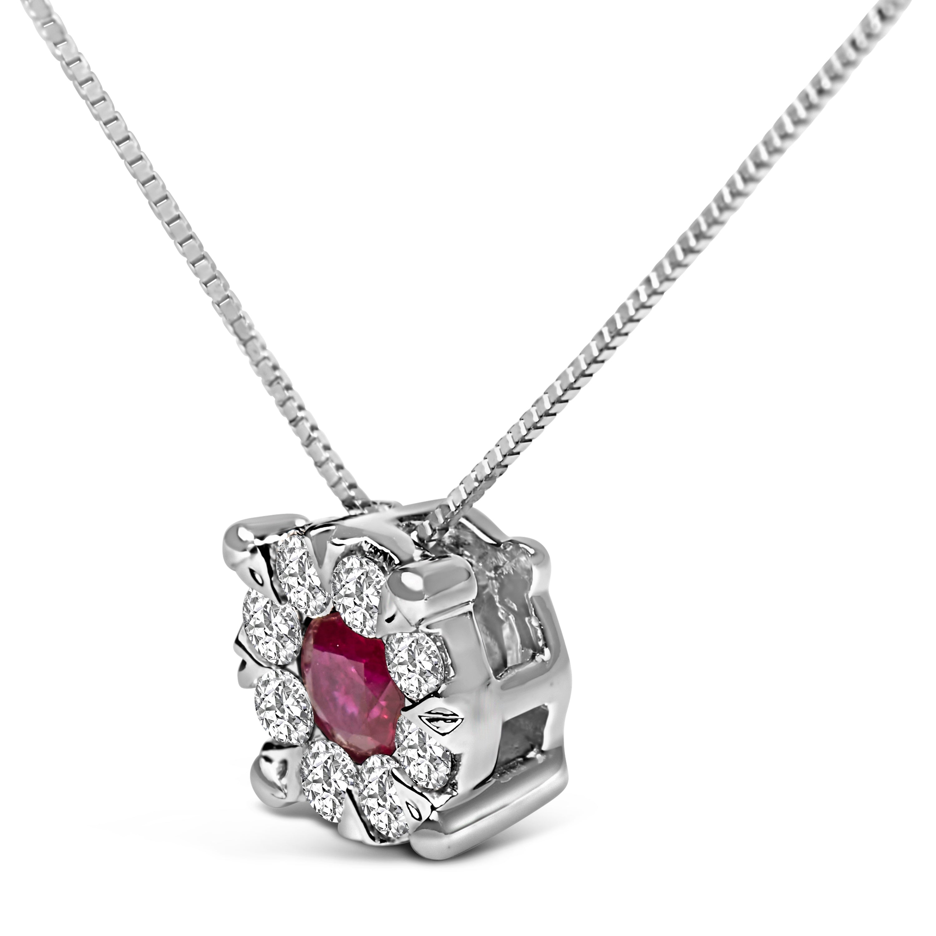 14K White Gold Red Ruby and 1/3 Cttw Diamond Halo Pendant Necklace DestGlow