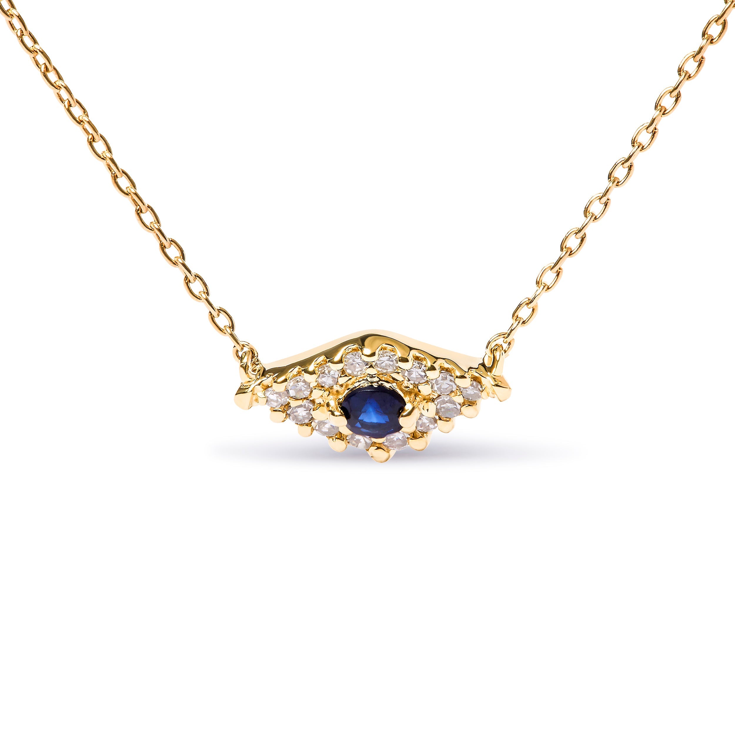 10K Yellow Gold Blue Sapphire and Diamond Accented Evil Eye 18" Inch Pendant Necklace (H-I Color, I1-I2 Clarity) DestGlow