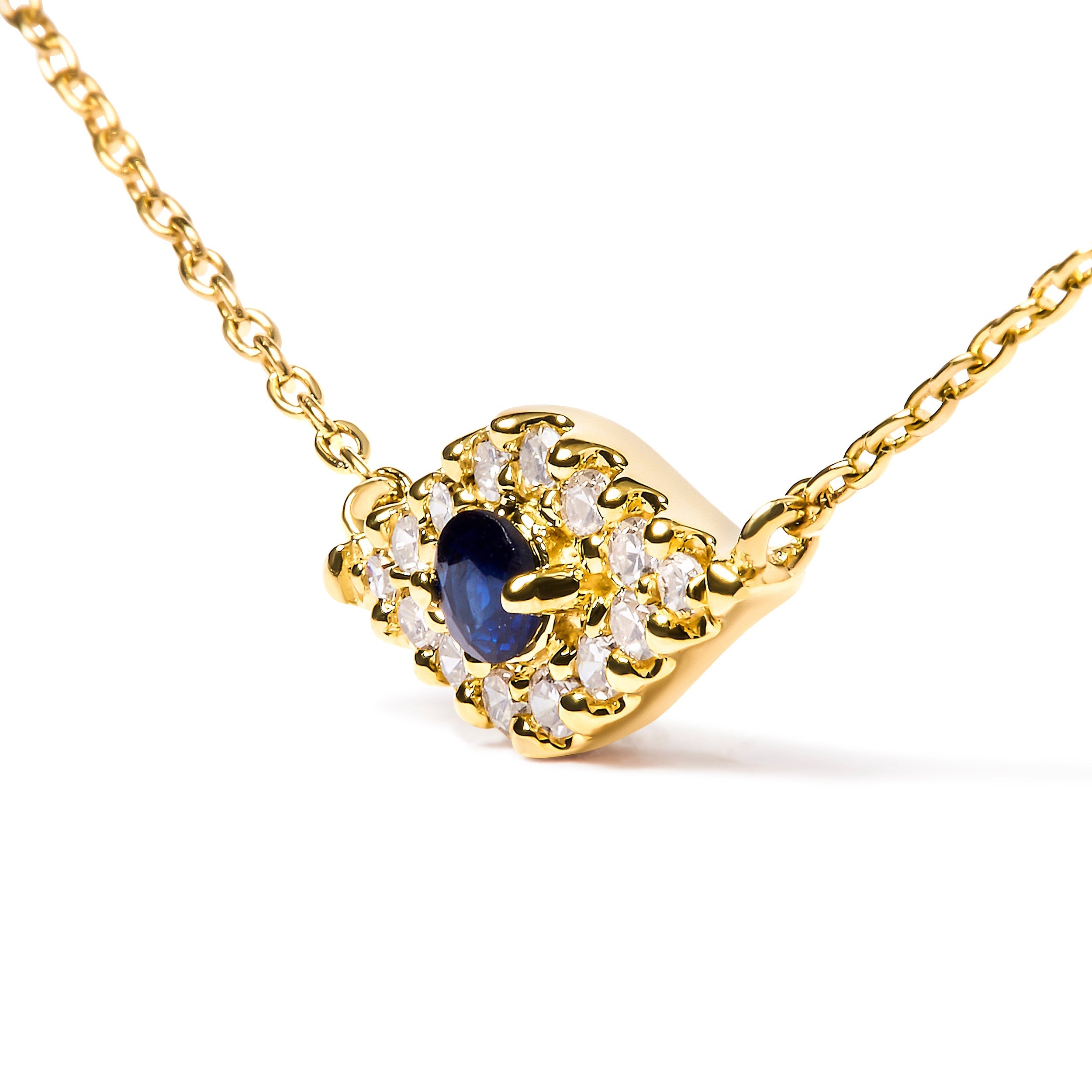10K Yellow Gold Blue Sapphire and Diamond Accented Evil Eye 18" Inch Pendant Necklace (H-I Color, I1-I2 Clarity) DestGlow