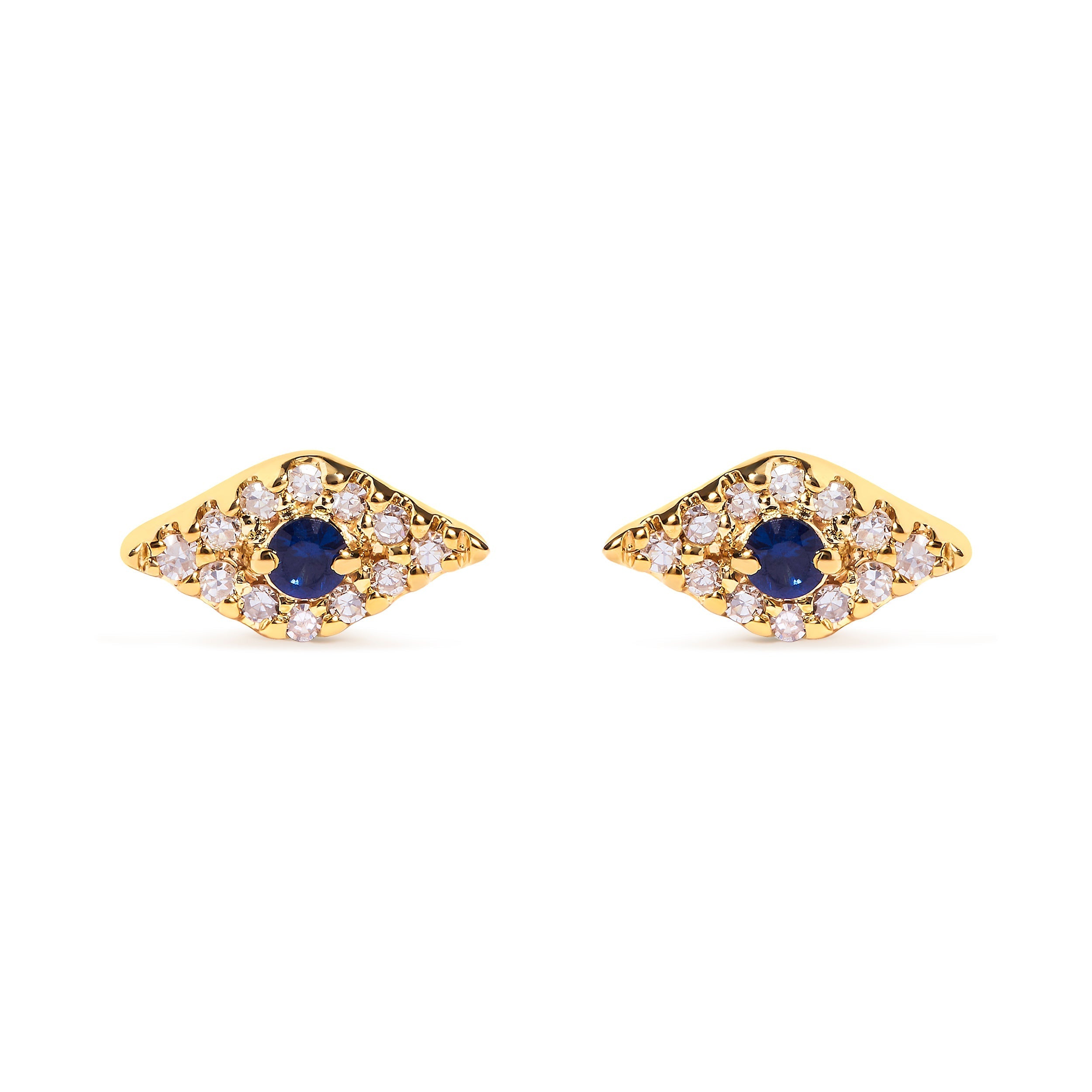 10K Yellow Gold Blue Sapphire and Diamond Accent Evil Eye Stud Earring (H-I Color, I1-I2 Clarity) DestGlow