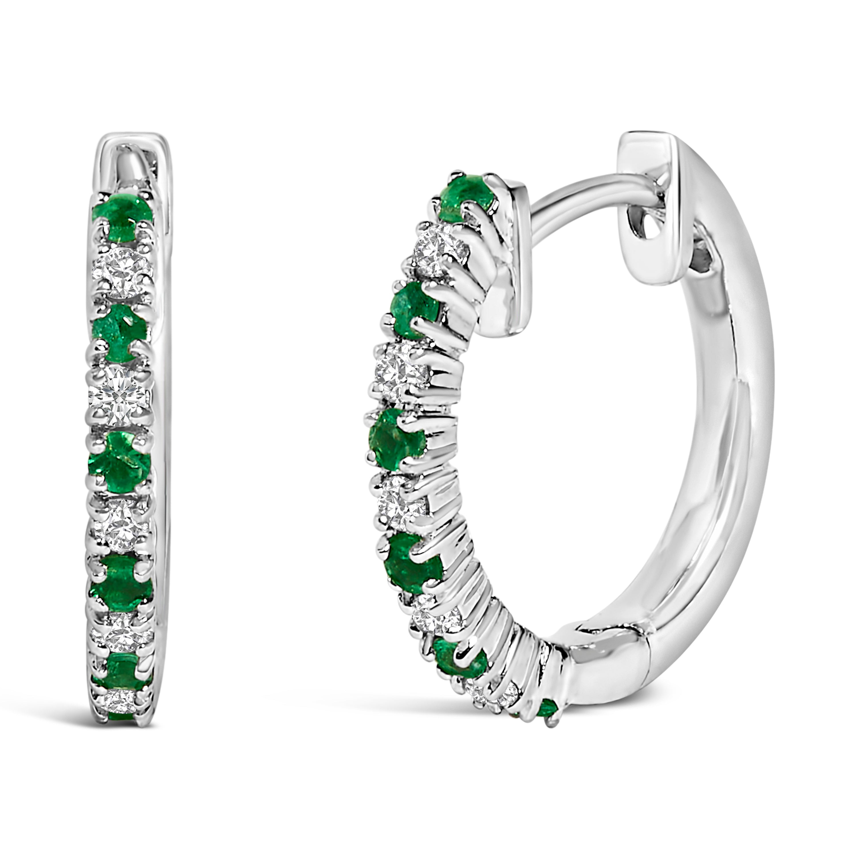 10K White Gold Alternating Emerald 1/10 Cttw Diamond Huggy Hoop Earrings (I-J Color, I1-I2 Clarity) DestGlow