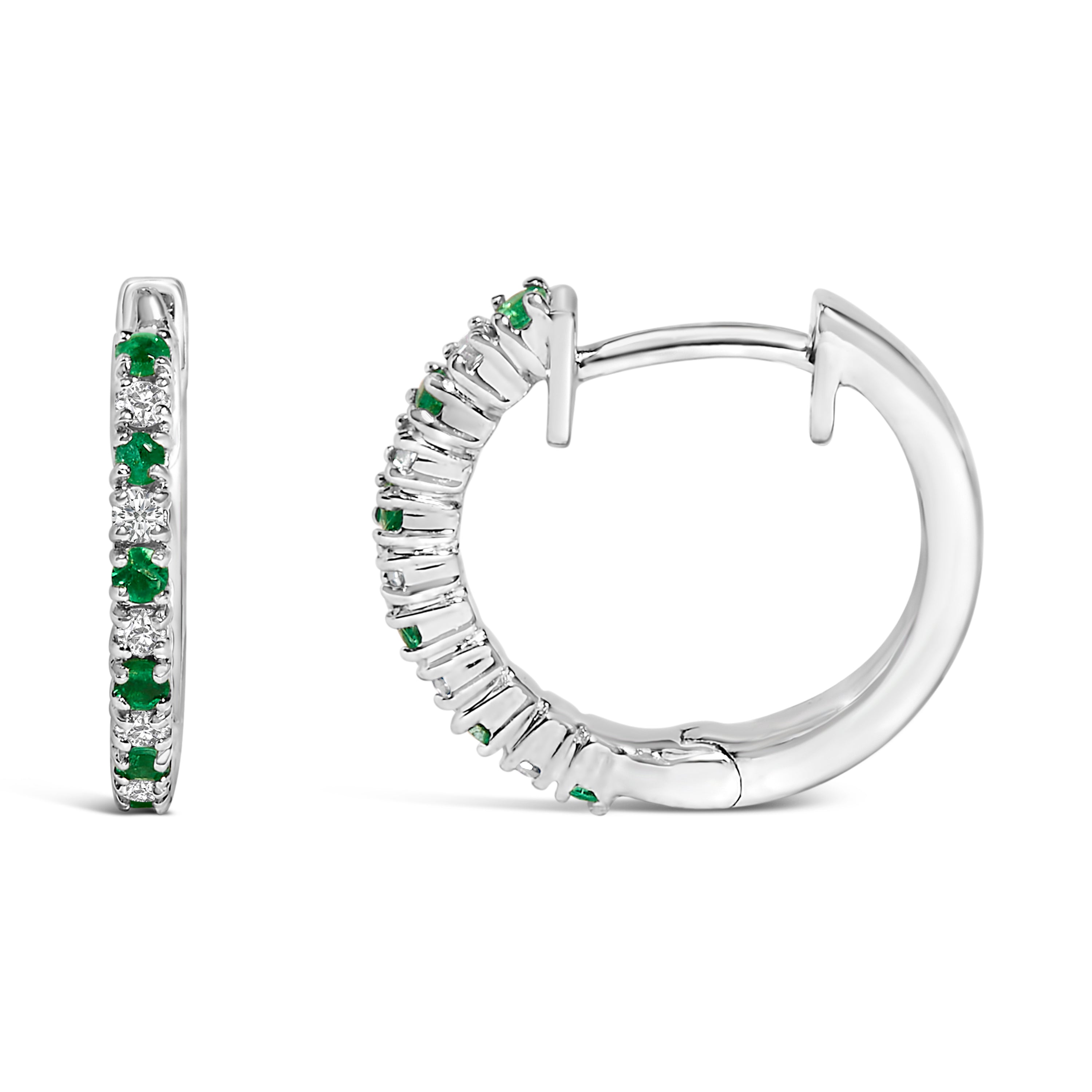 10K White Gold Alternating Emerald 1/10 Cttw Diamond Huggy Hoop Earrings (I-J Color, I1-I2 Clarity) DestGlow