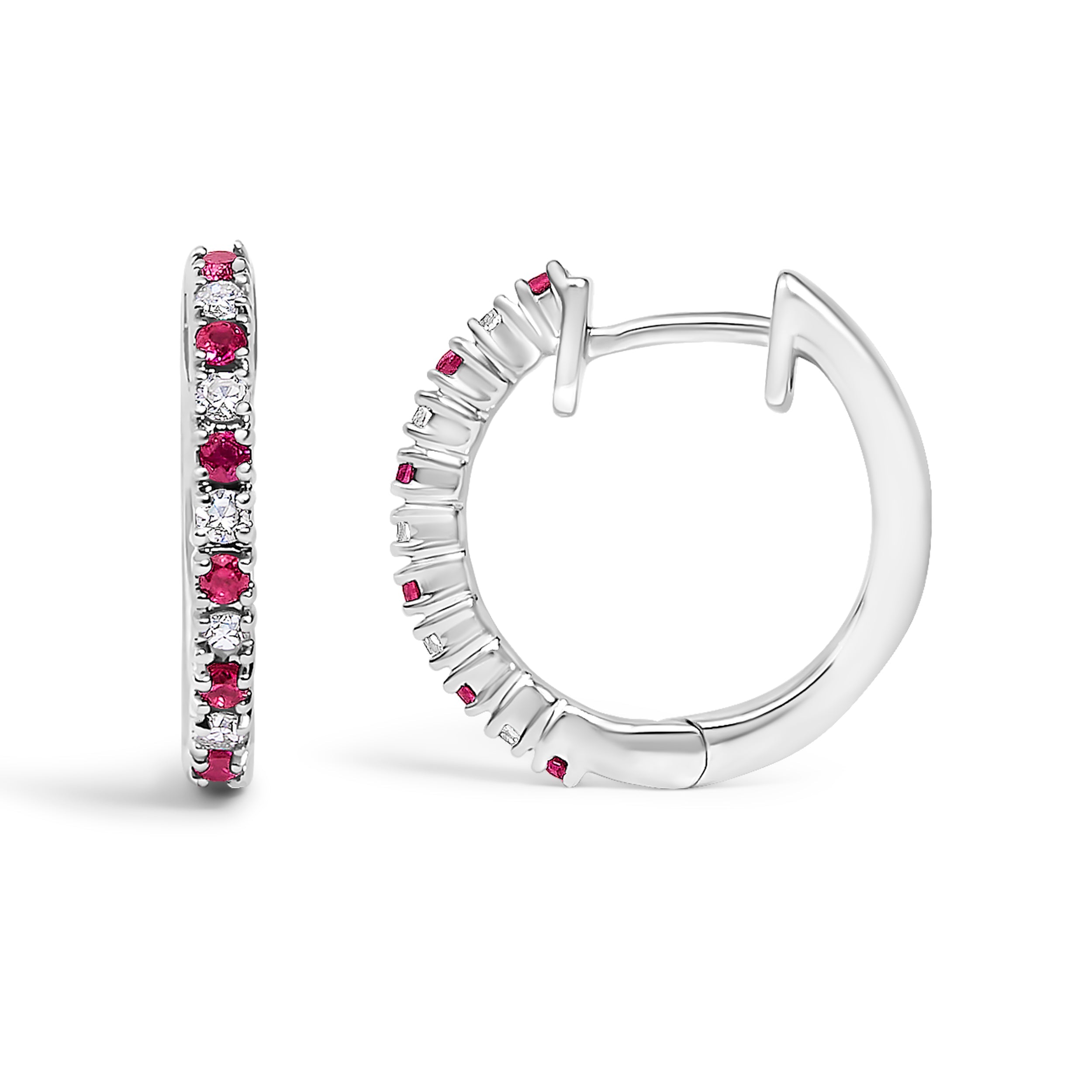 10K White Gold Alternating Diamond and Red Ruby Huggy Hoop Earrings (I-J Color, I1-I2 Clarity) by Bids.com