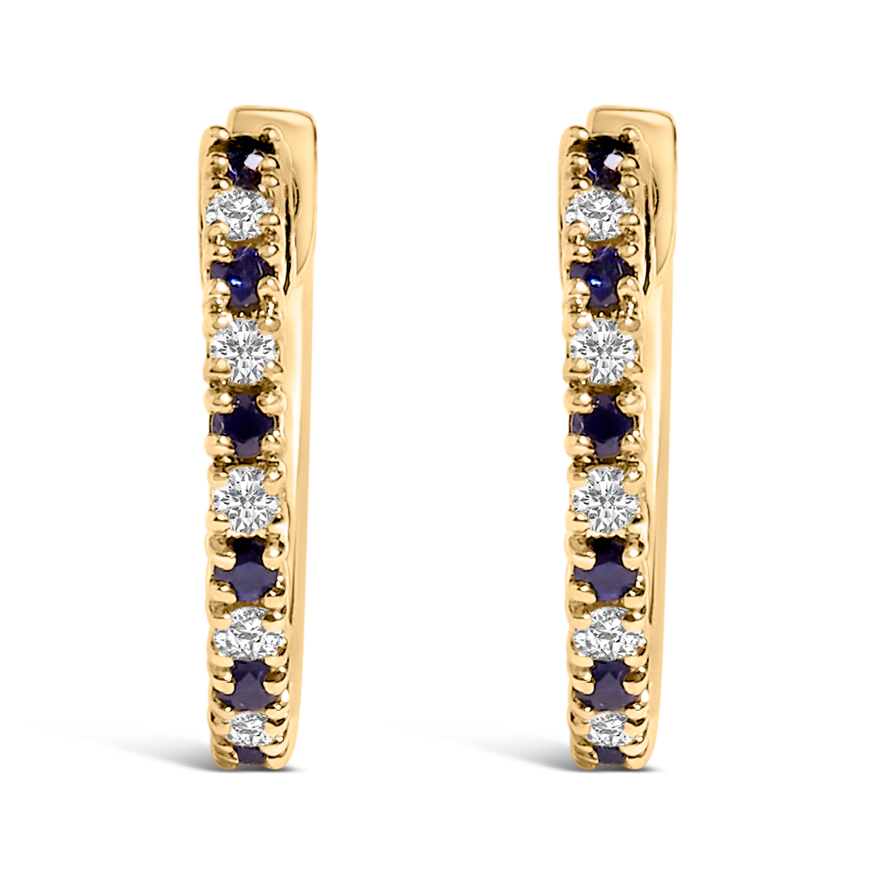 10K Yellow Gold Alternating Blue Sapphire 1/10 Cttw Diamond Huggy Hoop Earrings (I-J Color, I1-I2 Clarity) DestGlow