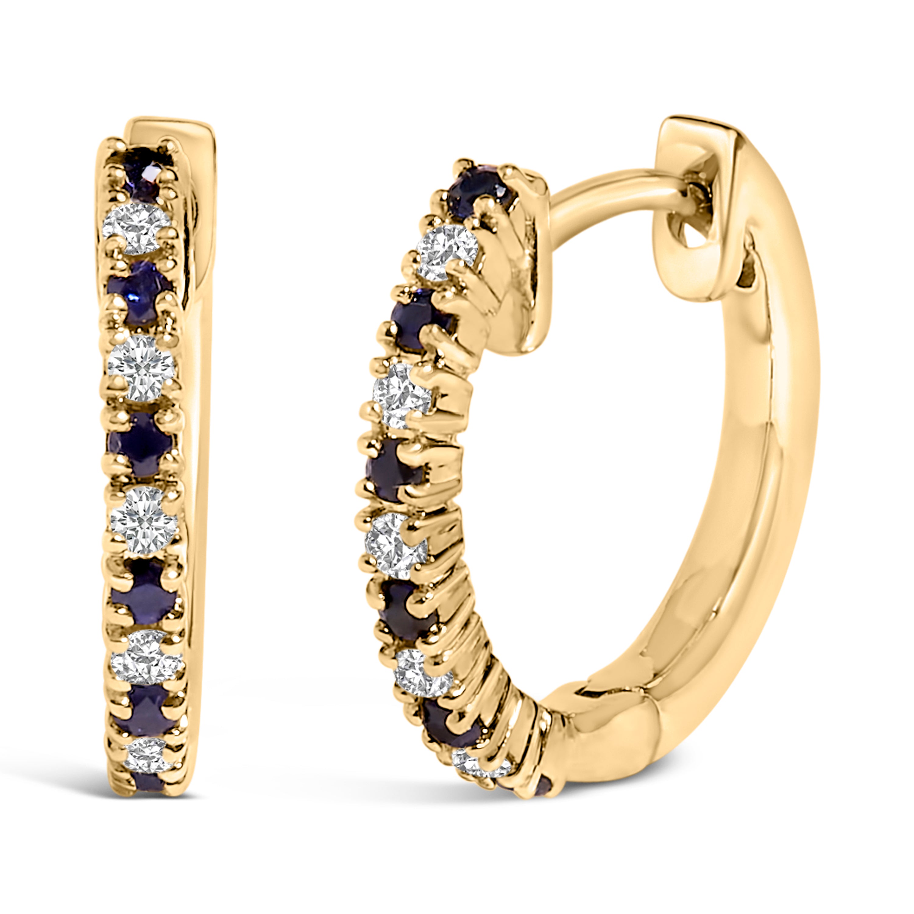 10K Yellow Gold Alternating Blue Sapphire 1/10 Cttw Diamond Huggy Hoop Earrings (I-J Color, I1-I2 Clarity) DestGlow