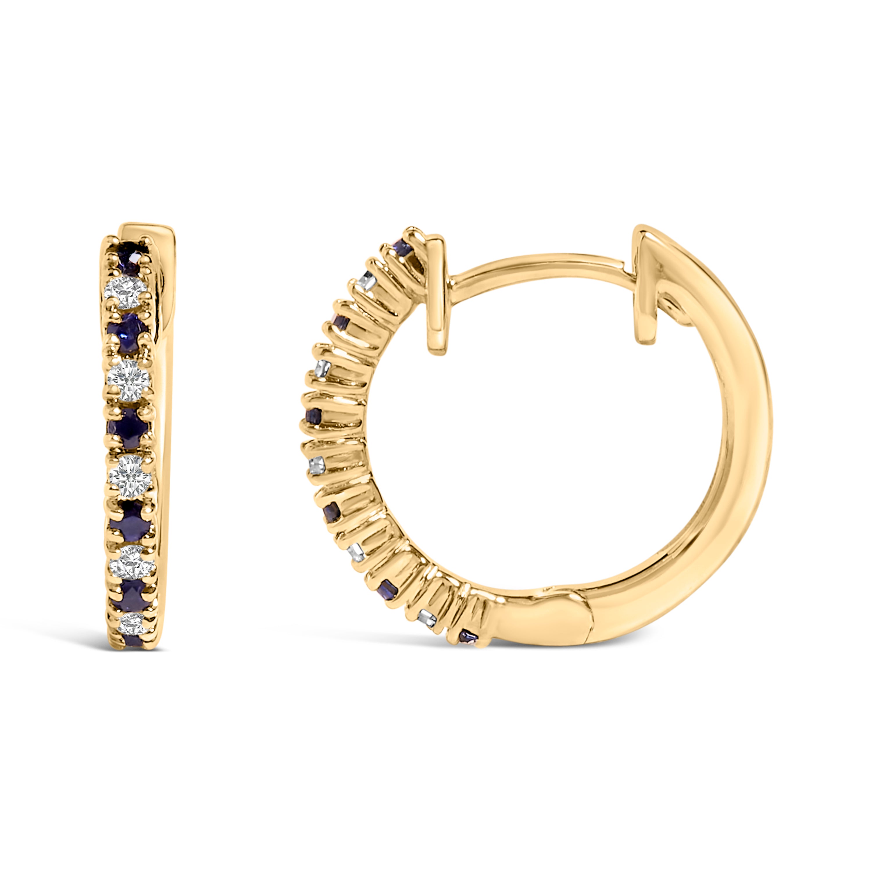 10K Yellow Gold Alternating Blue Sapphire 1/10 Cttw Diamond Huggy Hoop Earrings (I-J Color, I1-I2 Clarity) DestGlow