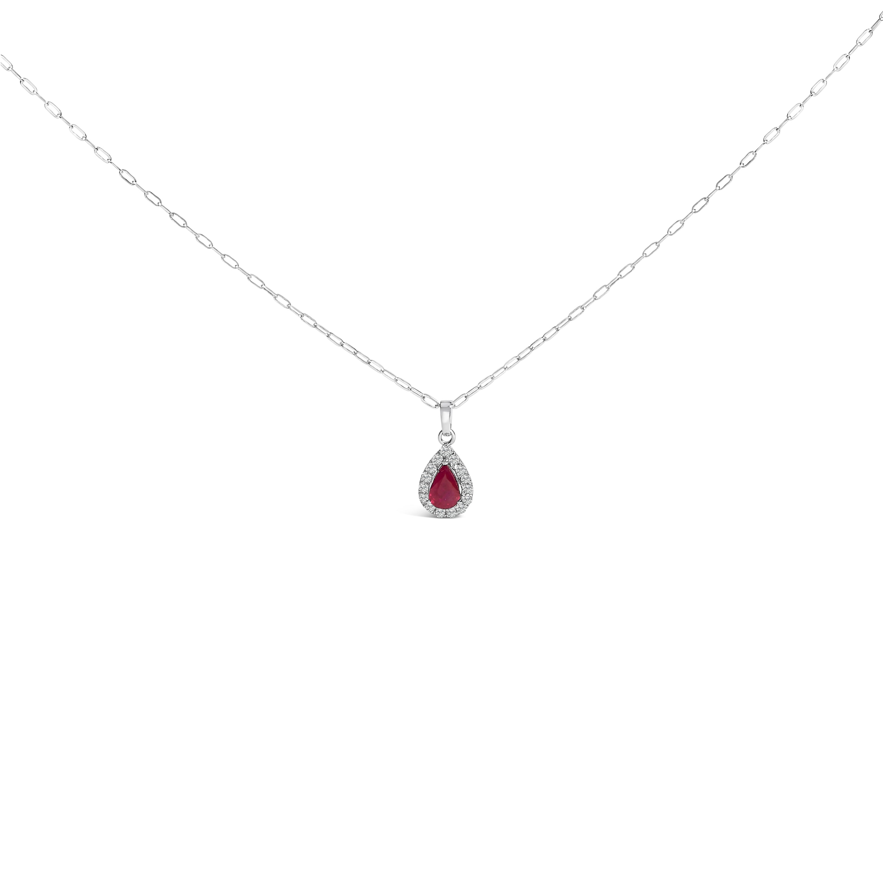 14K White Gold 6x4 Pear Red Ruby and Diamond Halo Pendant Necklace - 18" Inches DestGlow