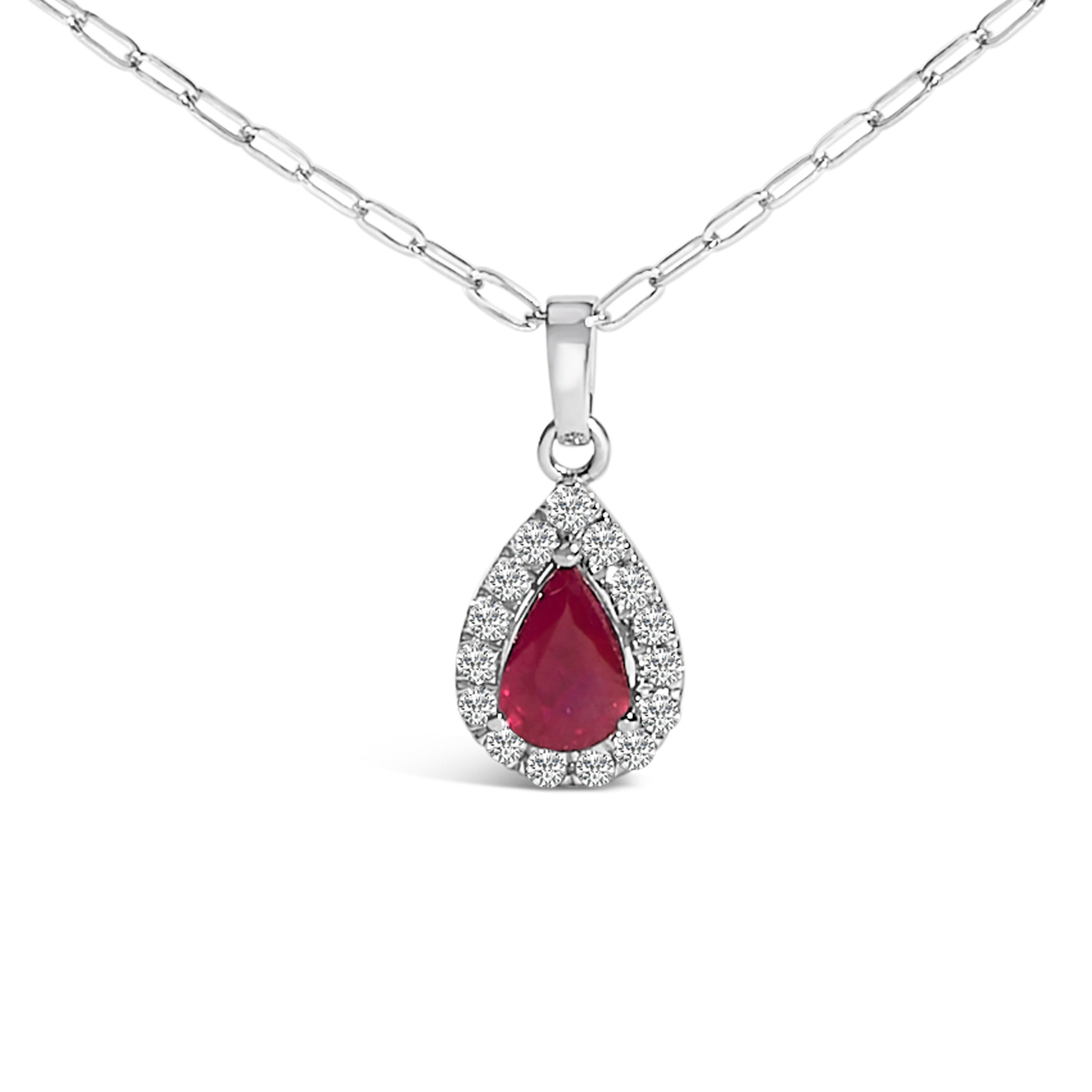 14K White Gold 6x4 Pear Red Ruby and Diamond Halo Pendant Necklace - 18" Inches DestGlow
