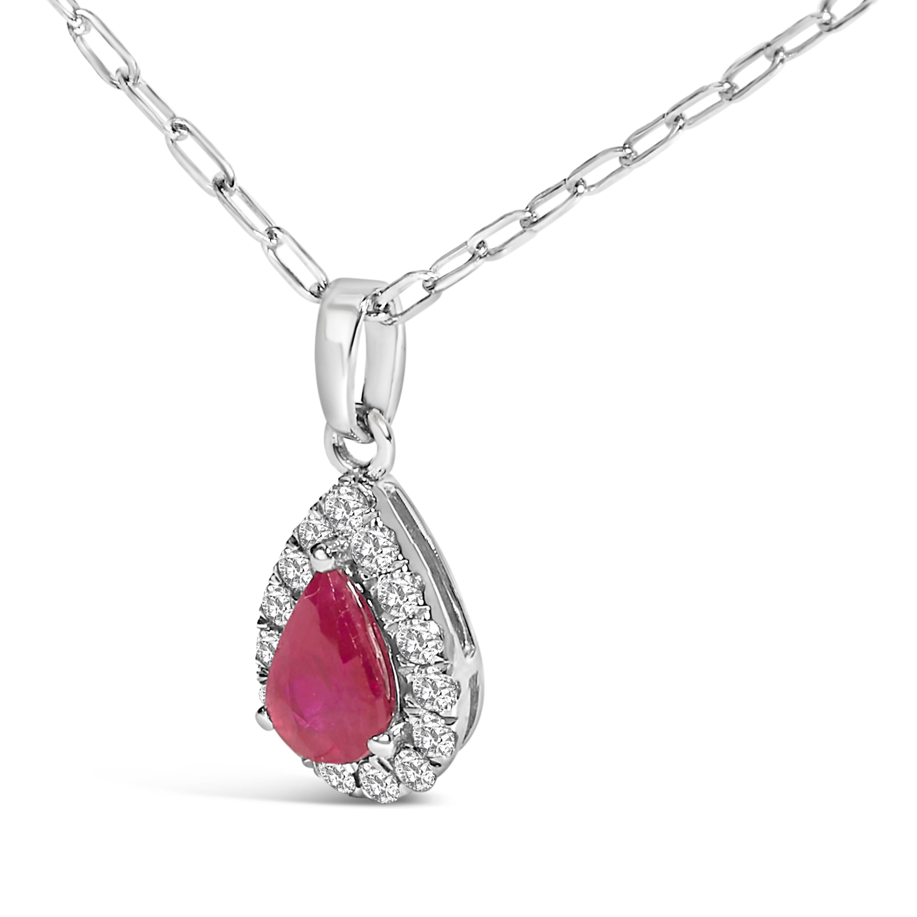 14K White Gold 6x4 Pear Red Ruby and Diamond Halo Pendant Necklace - 18" Inches DestGlow