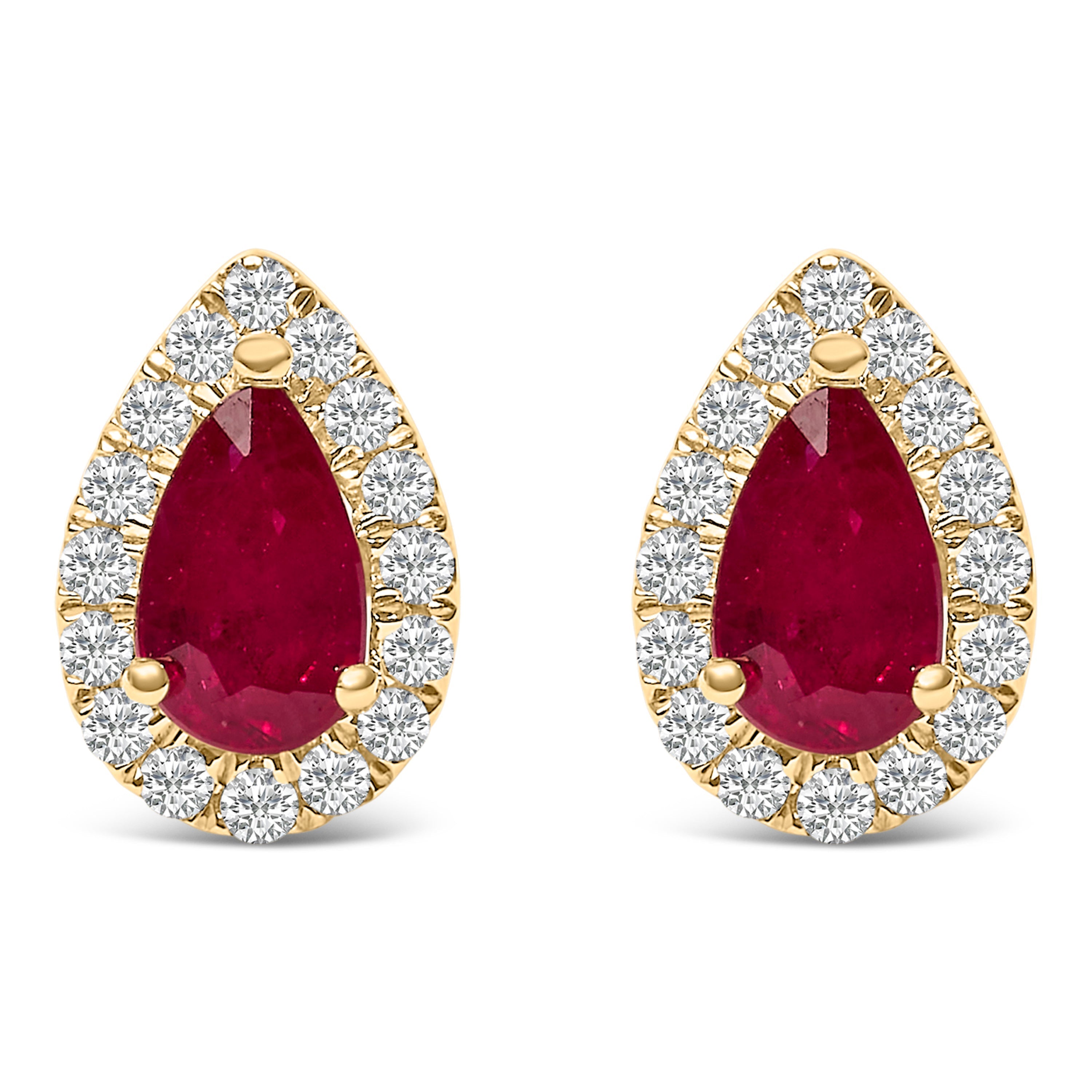 10K Yellow Gold 5X3 MM Pear-Cut Ruby and 1/7 Cttw Diamond Halo Stud Earrings (I-J Color, I1-I2 Clarity) DestGlow