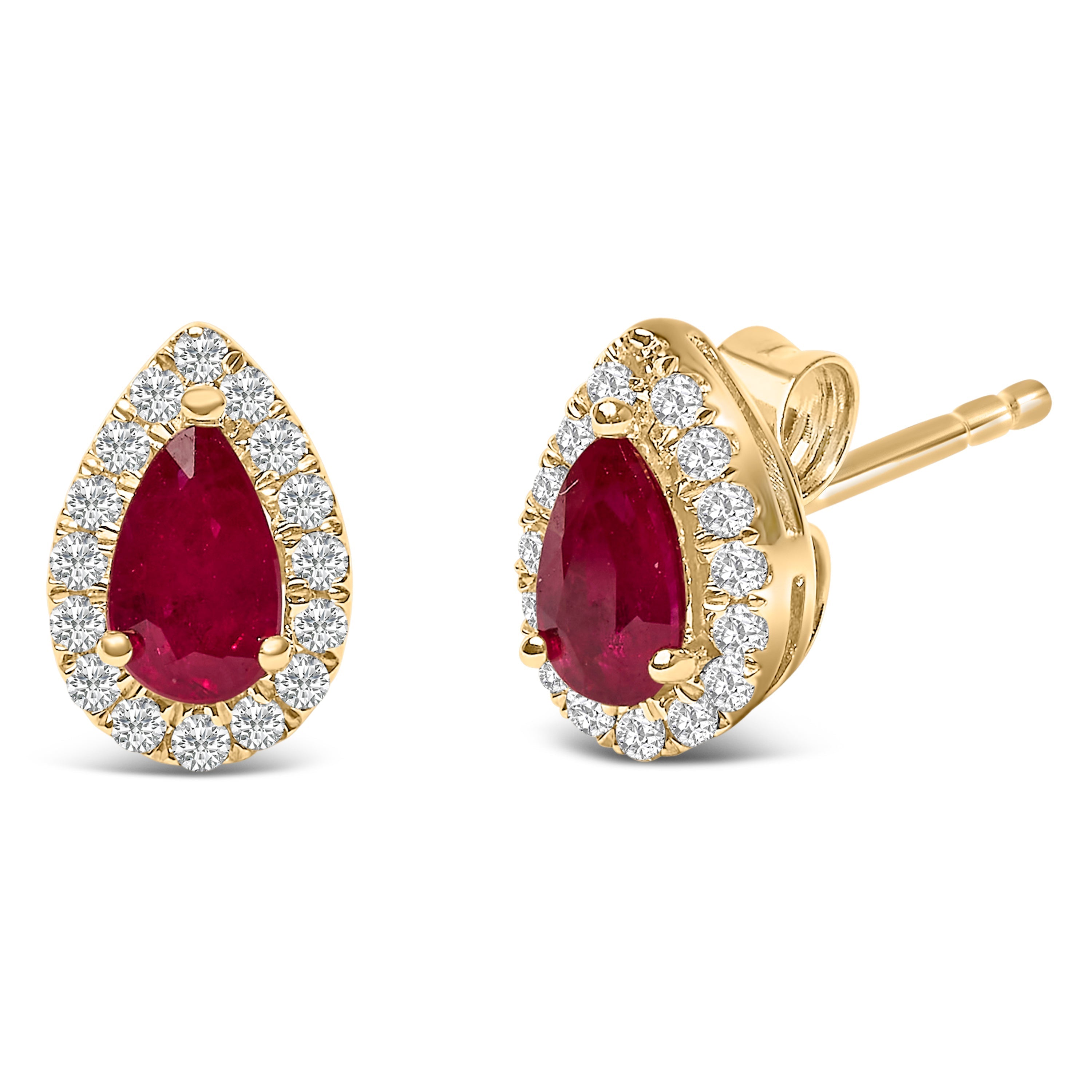 10K Yellow Gold 5X3 MM Pear-Cut Ruby and 1/7 Cttw Diamond Halo Stud Earrings (I-J Color, I1-I2 Clarity) DestGlow