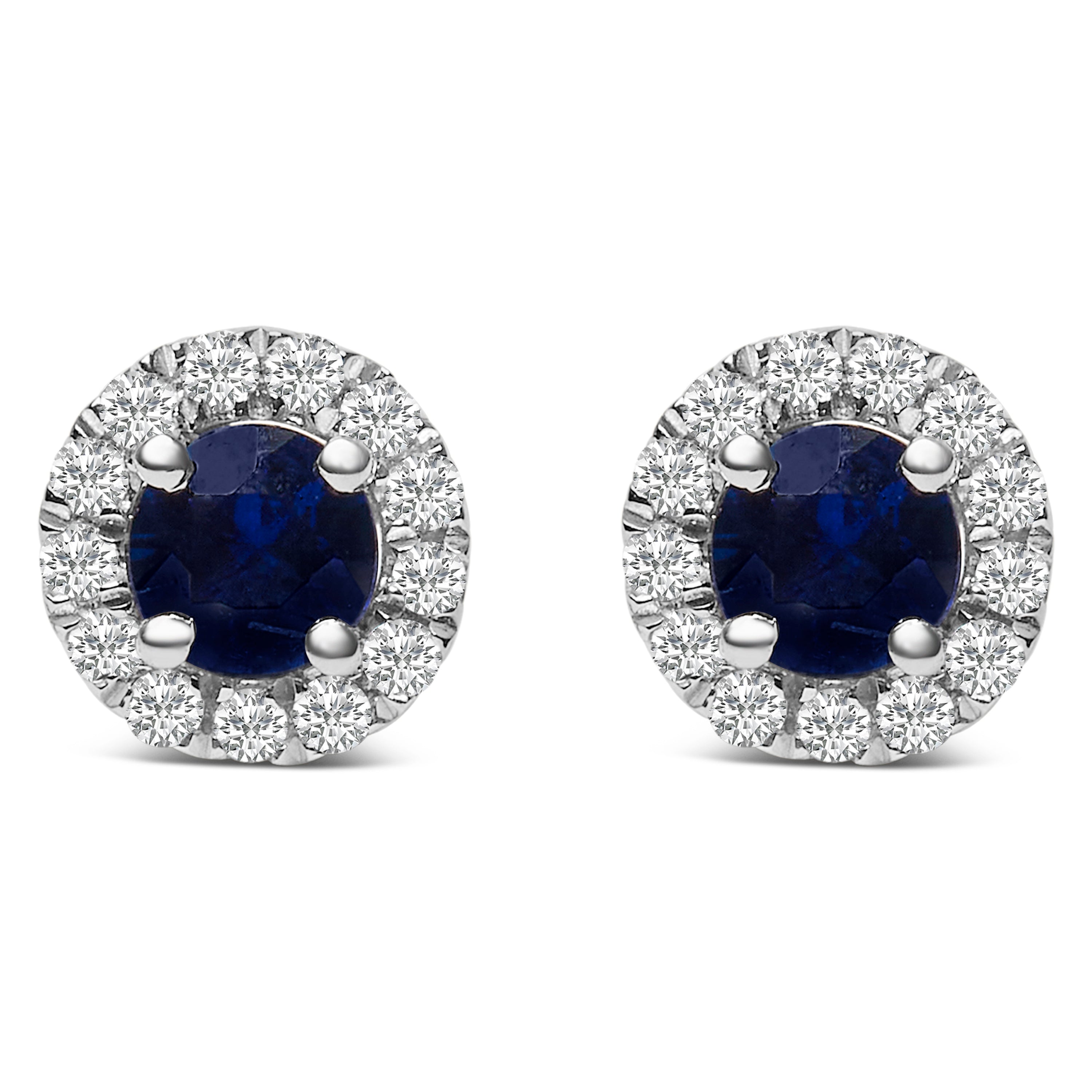 10K White Gold 3.25mm x 3.25mm Round Blue Sapphire and 1/10 Cttw Diamond Halo Stud Earrings (I-J Color, I1-I2 Clarity) DestGlow