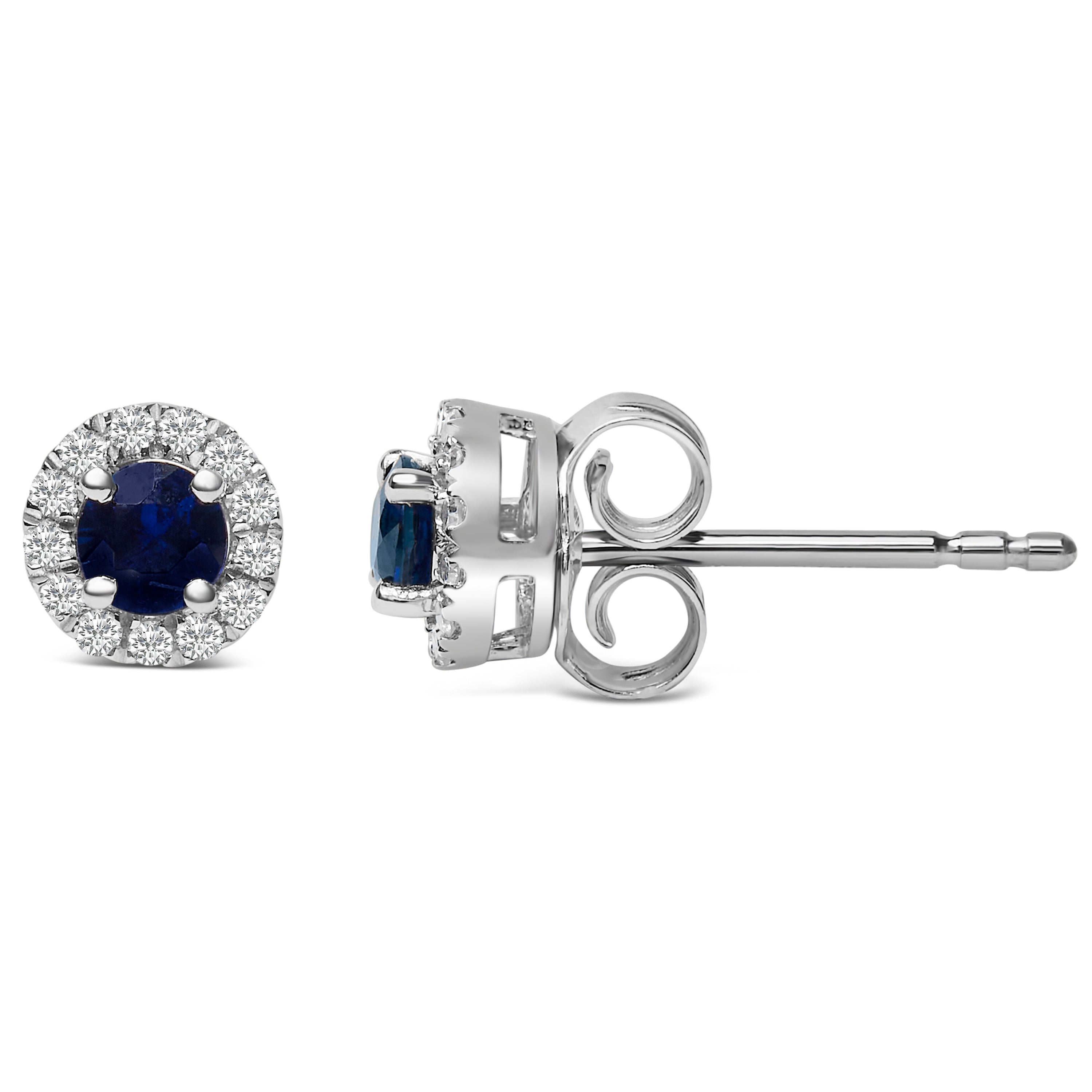 10K White Gold 3.25mm x 3.25mm Round Blue Sapphire and 1/10 Cttw Diamond Halo Stud Earrings (I-J Color, I1-I2 Clarity) DestGlow