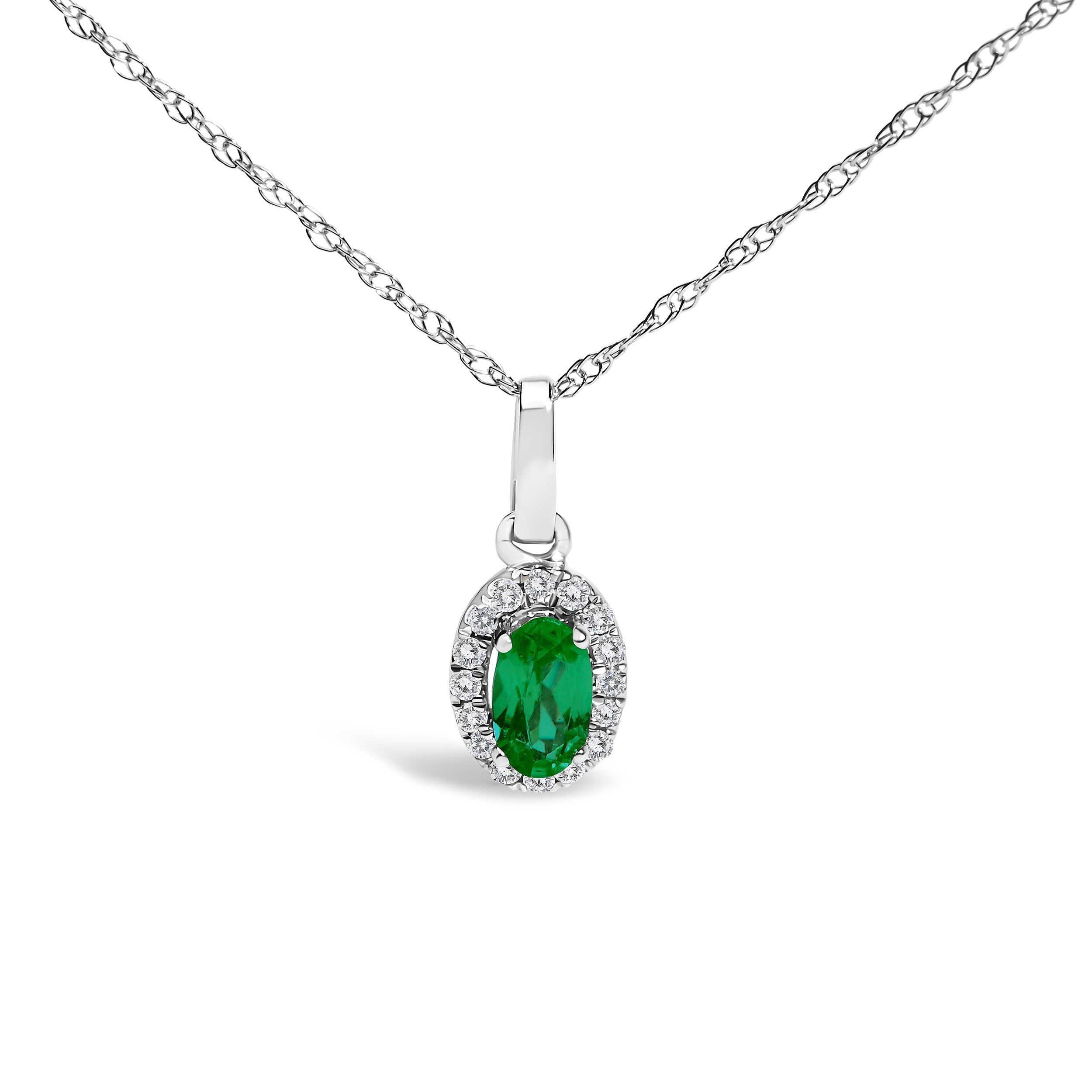10K White Gold 5x3mm Green Emerald and Diamond Accent Halo Oval Shape 18" Pendant Necklace (I-J Color, I1-I2 Clarity) DestGlow