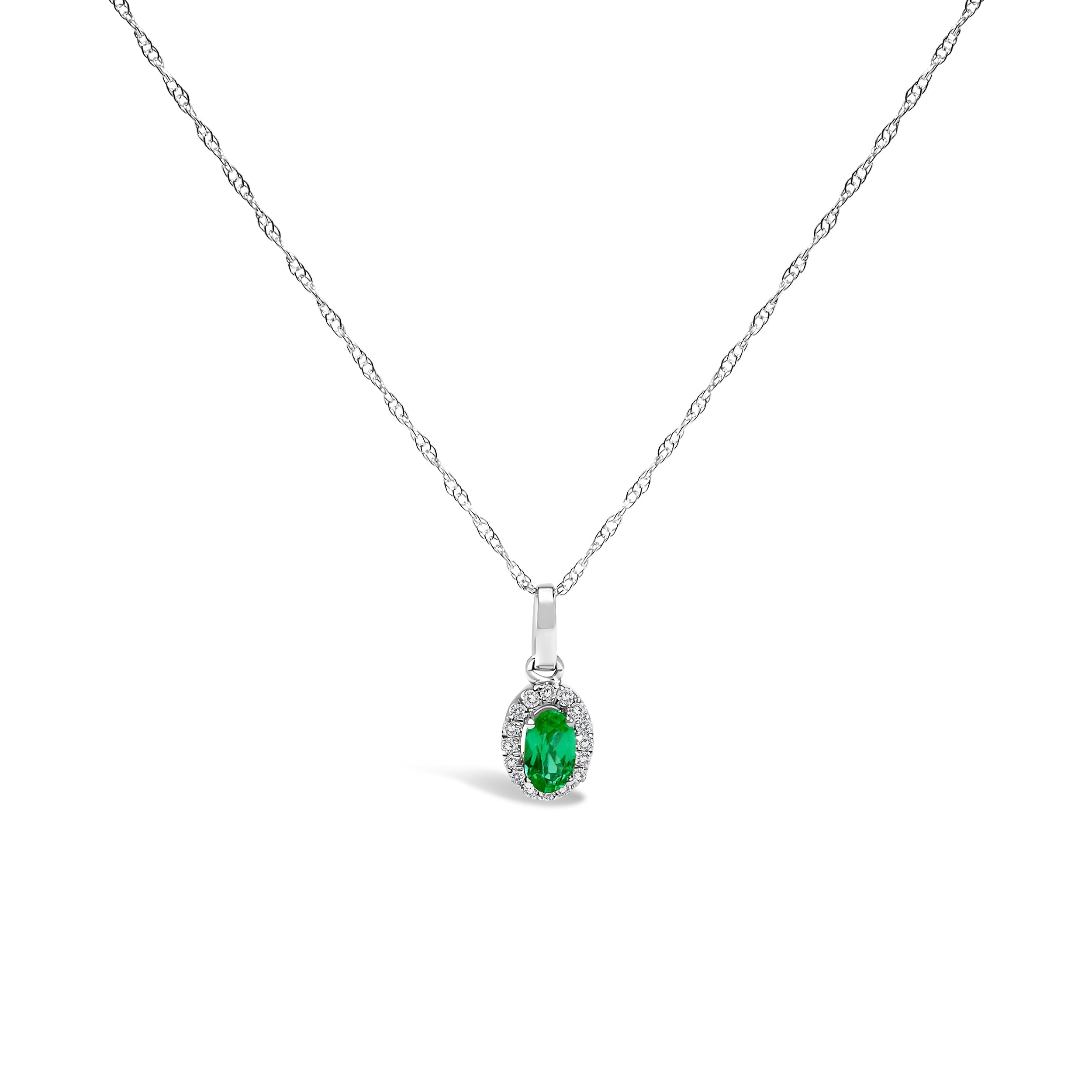 10K White Gold 5x3mm Green Emerald and Diamond Accent Halo Oval Shape 18" Pendant Necklace (I-J Color, I1-I2 Clarity) DestGlow