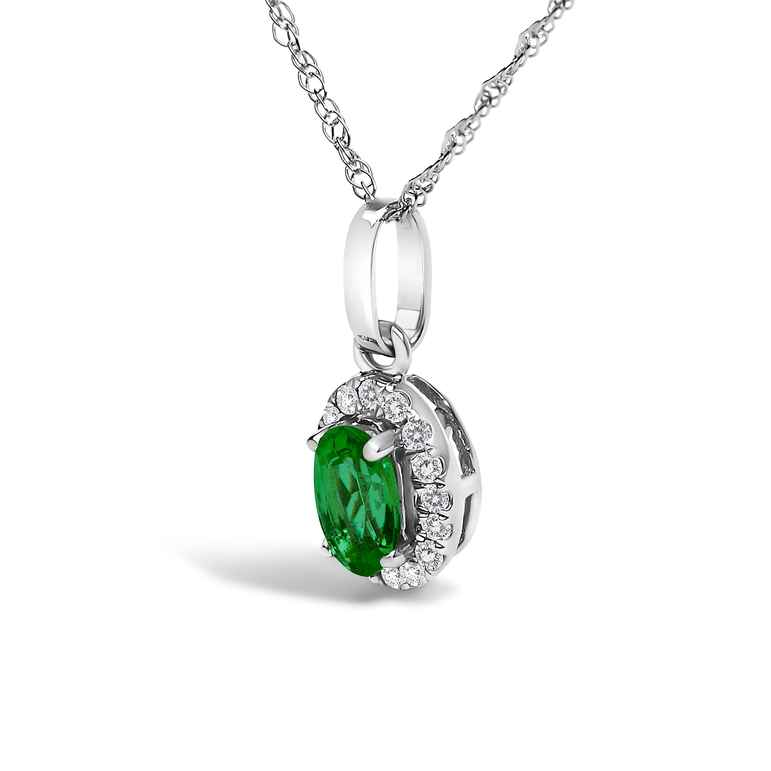 10K White Gold 5x3mm Green Emerald and Diamond Accent Halo Oval Shape 18" Pendant Necklace (I-J Color, I1-I2 Clarity) DestGlow