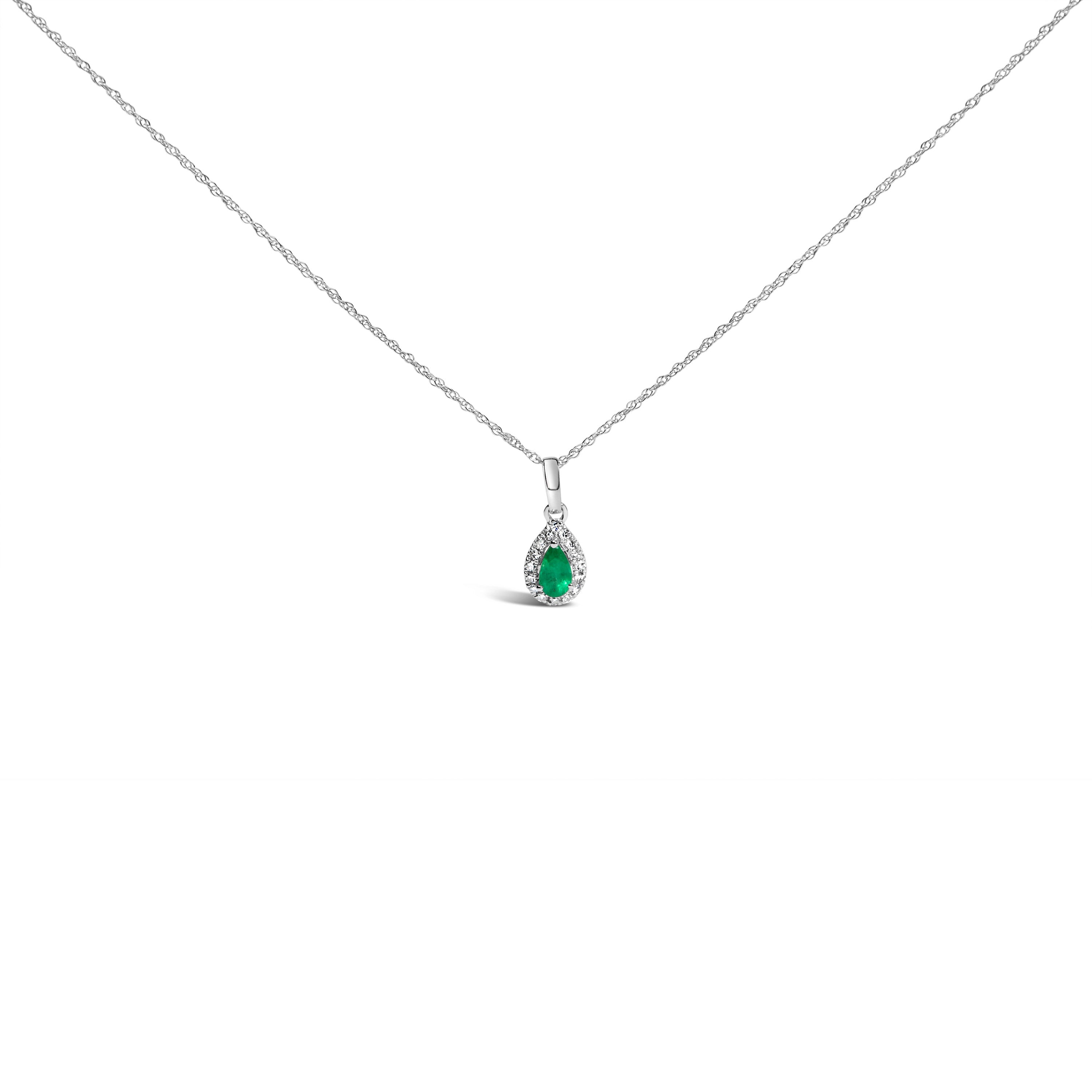 10K White Gold 5x3mm Green Emerald and Diamond Accent Halo Pear Shape 18" Pendant Necklace (I-J Color, I1-I2 Clarity) DestGlow