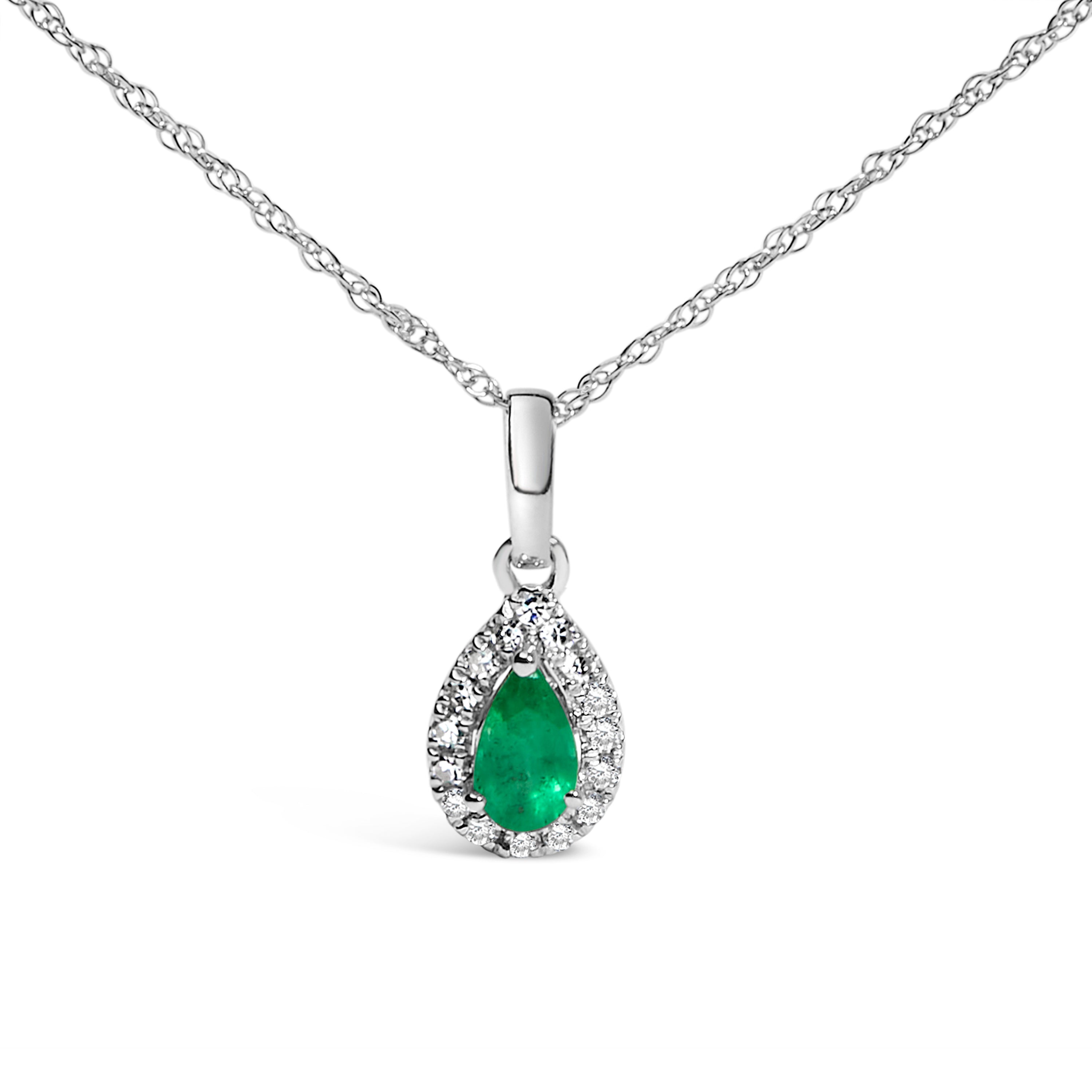 10K White Gold 5x3mm Green Emerald and Diamond Accent Halo Pear Shape 18" Pendant Necklace (I-J Color, I1-I2 Clarity) DestGlow