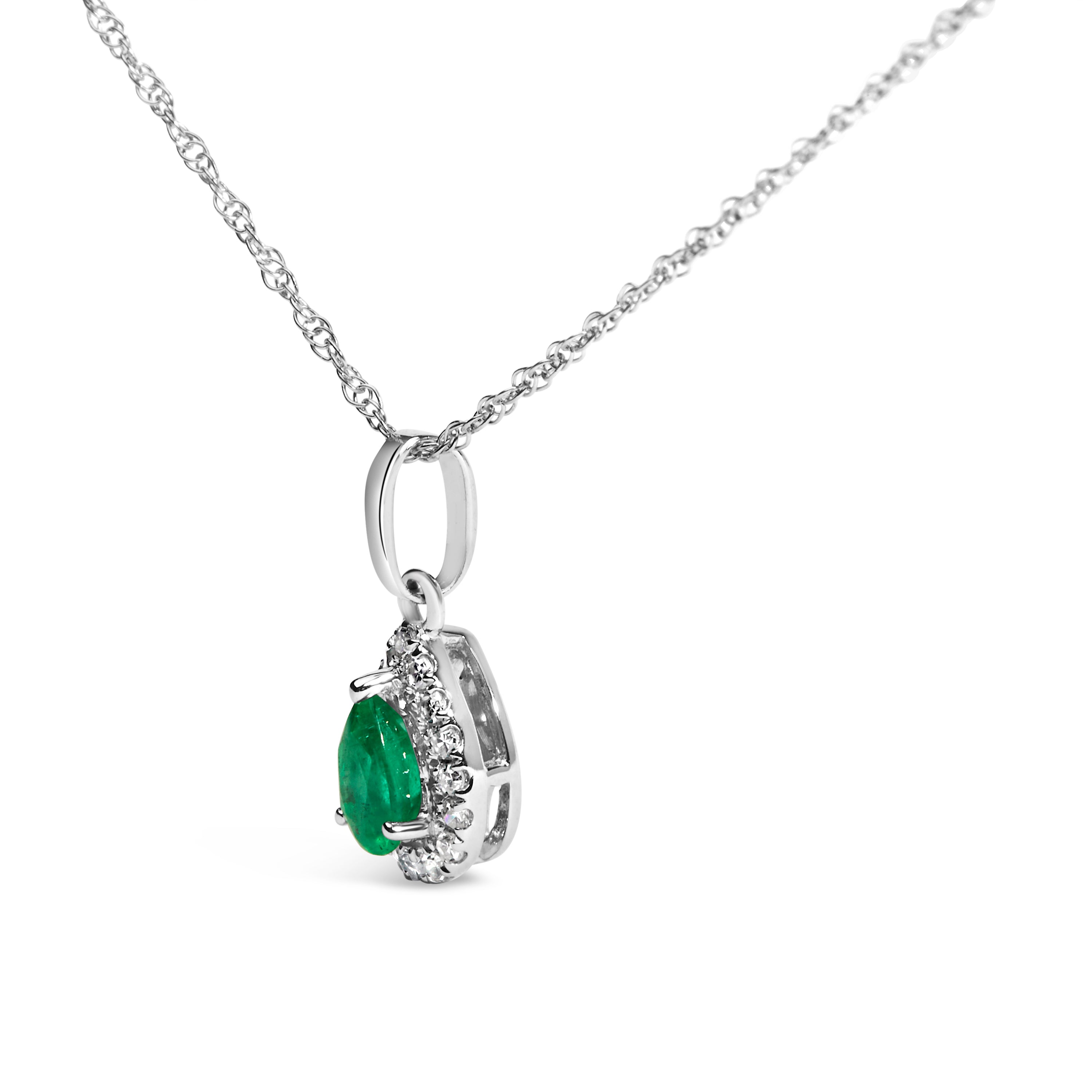10K White Gold 5x3mm Green Emerald and Diamond Accent Halo Pear Shape 18" Pendant Necklace (I-J Color, I1-I2 Clarity) DestGlow