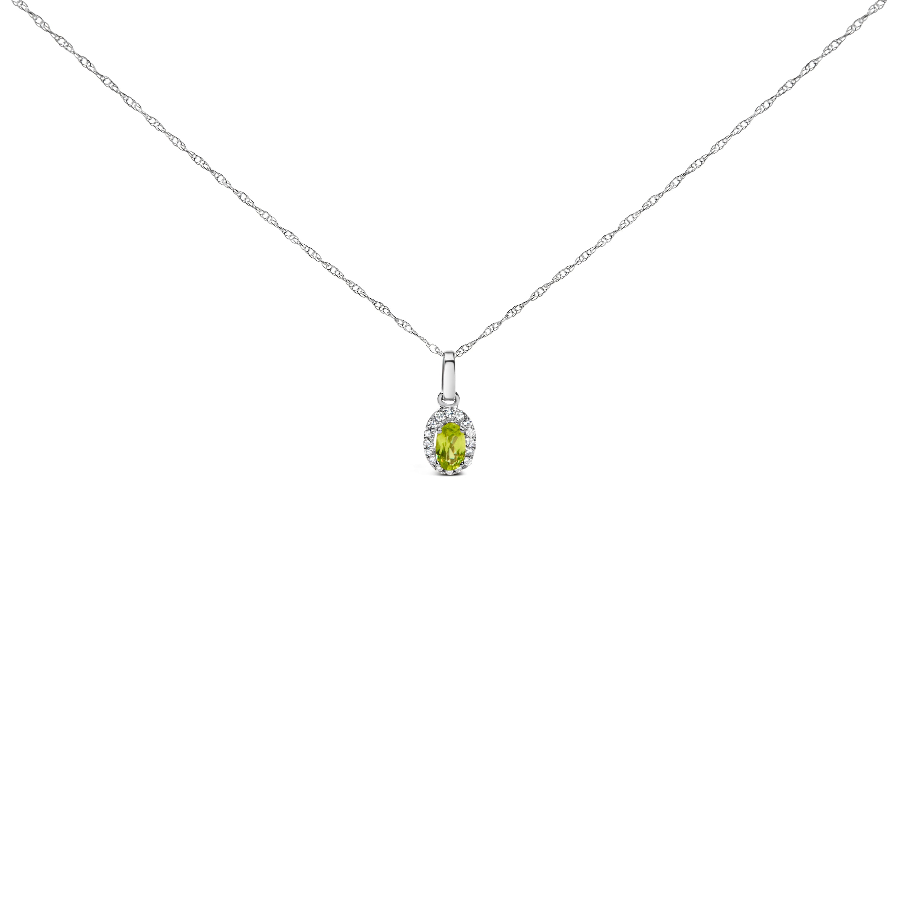 10K White Gold 5x3mm Green Emerald and Diamond Accent Halo Oval Shape 18" Pendant Necklace (I-J Color, I1-I2 Clarity) DestGlow