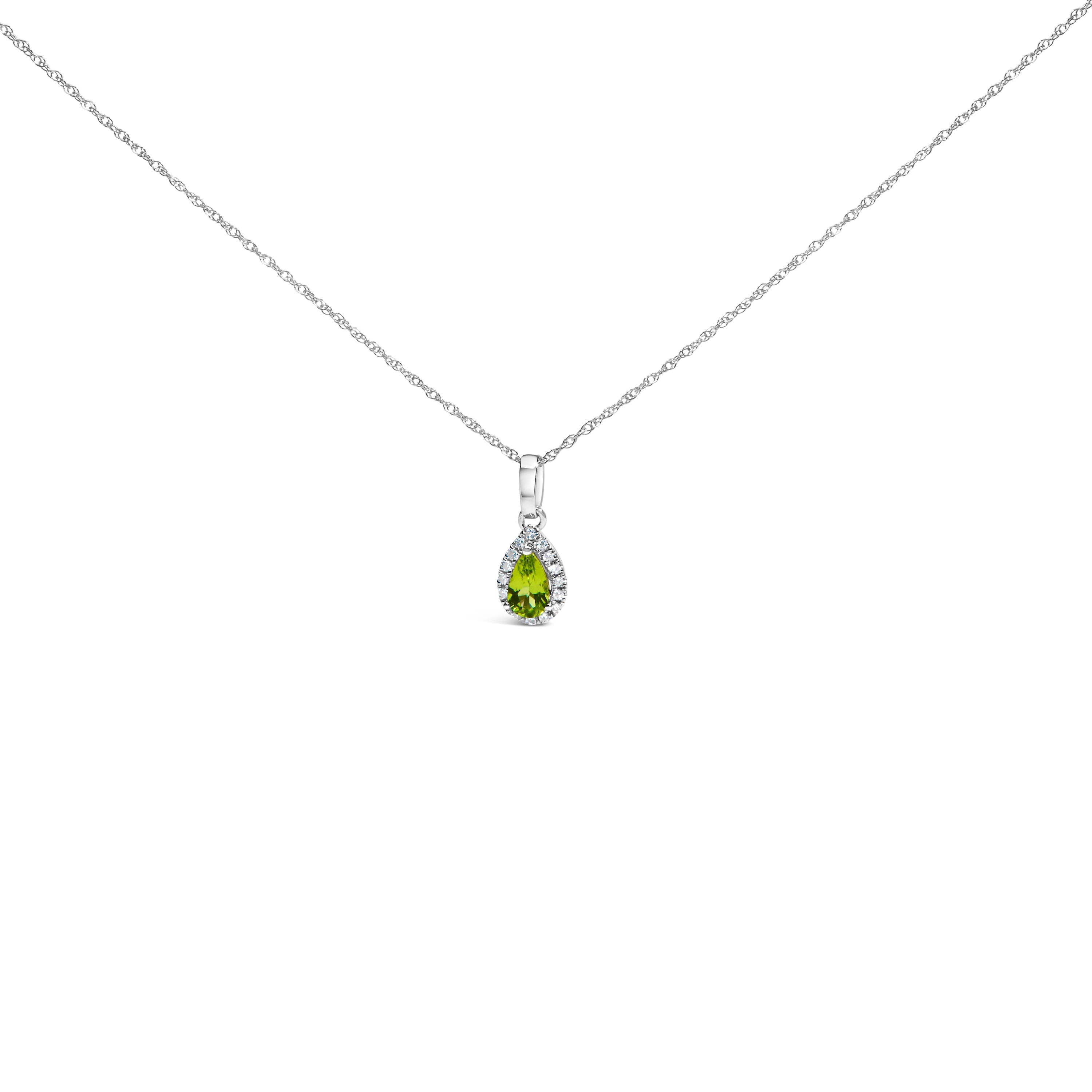 10K White Gold 5x3mm Green Emerald and Diamond Accent Halo Pear Shape 18" Pendant Necklace (I-J Color, I1-I2 Clarity) DestGlow
