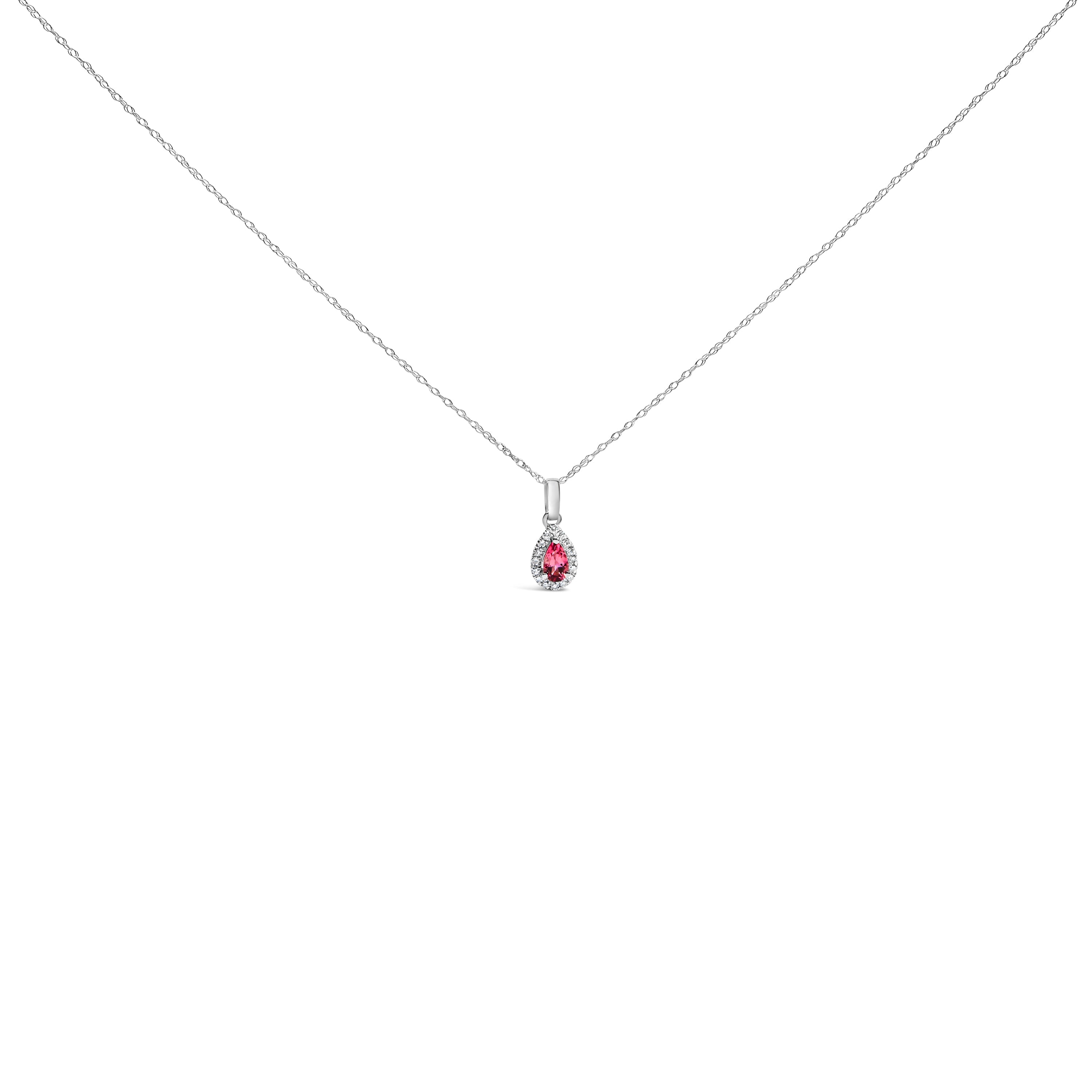 10K White Gold 5x3mm Green Emerald and Diamond Accent Halo Pear Shape 18" Pendant Necklace (I-J Color, I1-I2 Clarity) DestGlow