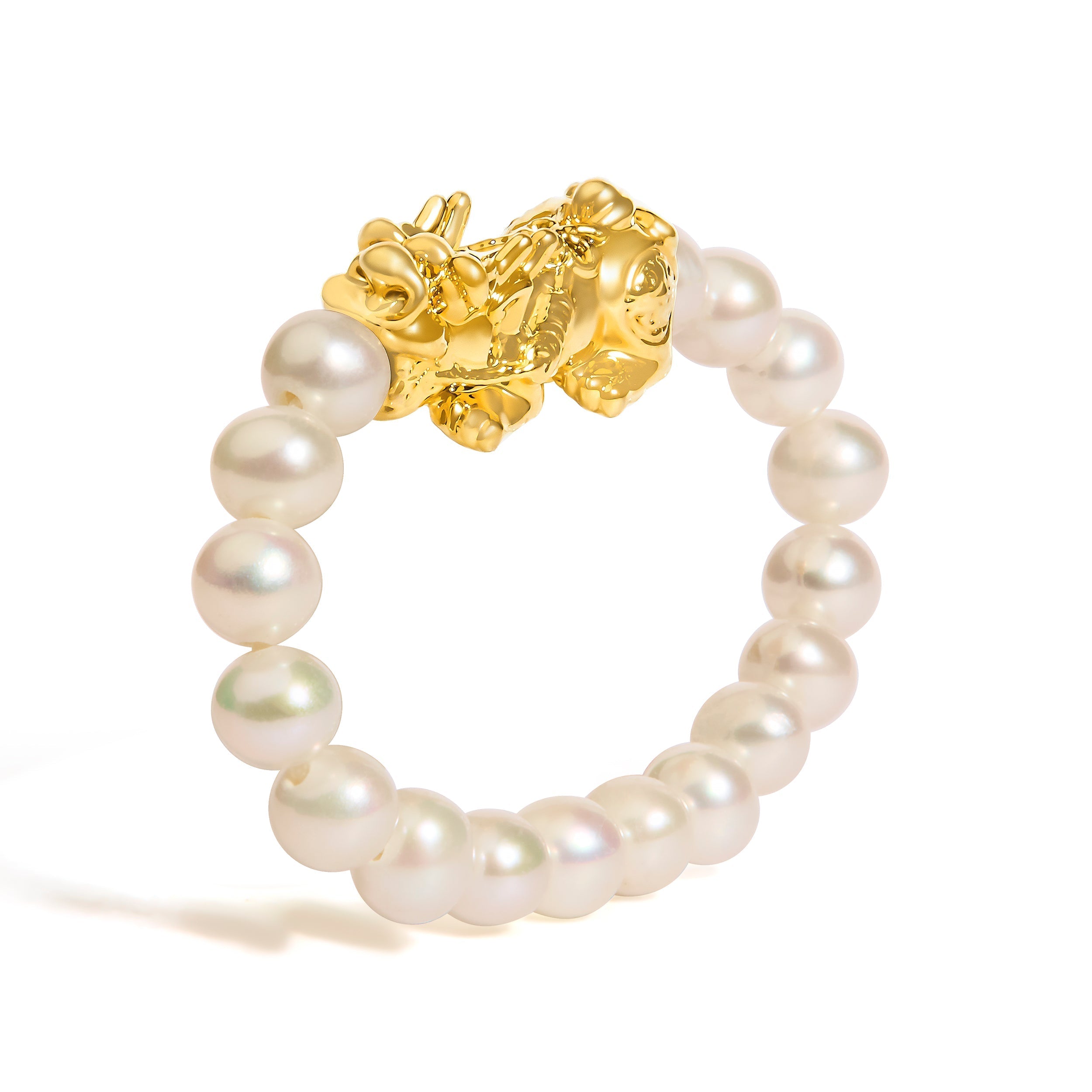 18K Yellow Gold Freshwater Pearl Dragon Charm Adjustable Ring Band DestGlow