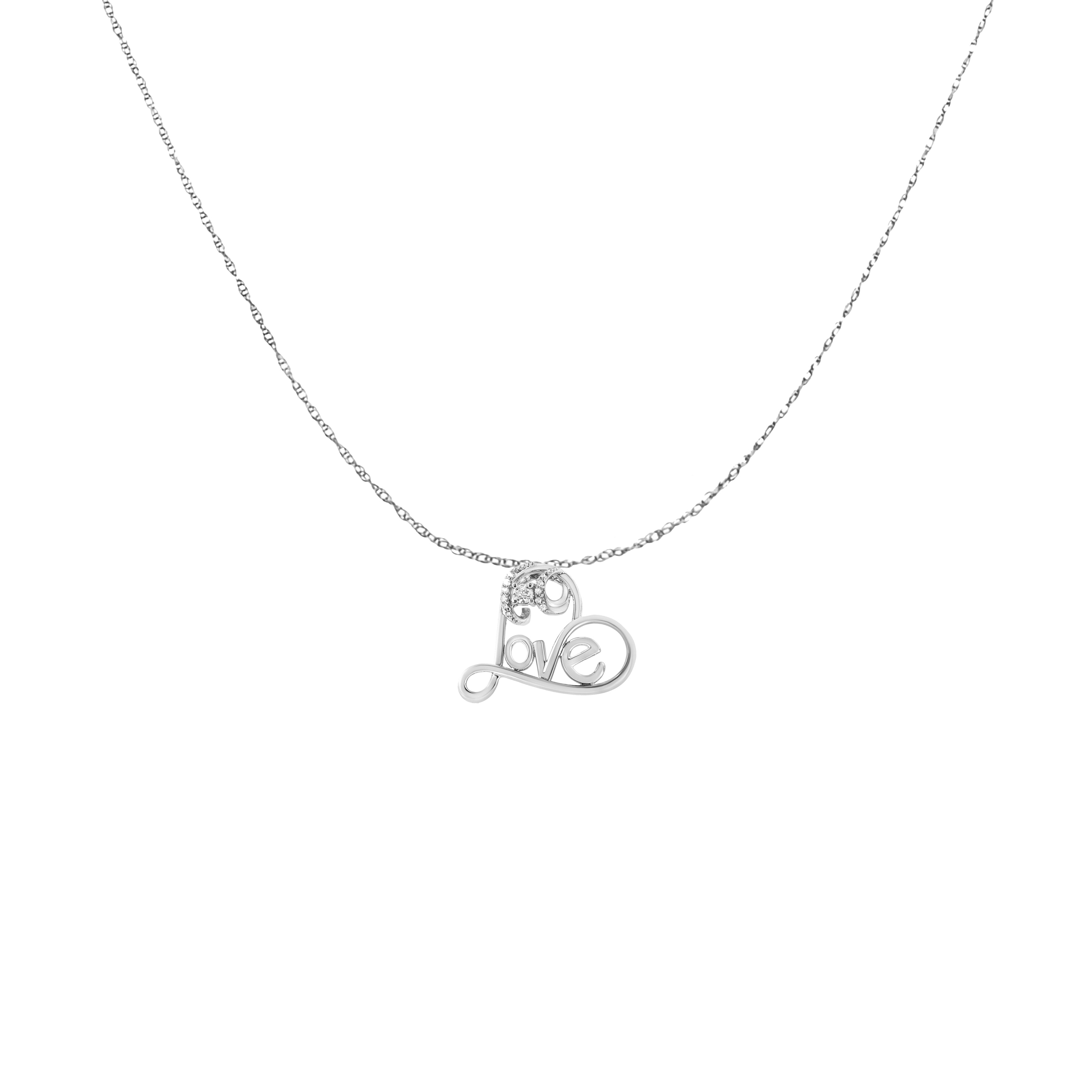 .925 Sterling Silver 1/10 Cttw Round Brilliant-Cut Diamond Accented Open Heart with Love 18" Pendant Necklace (H-I Color, I1-I2 Clarity) by Bids.com