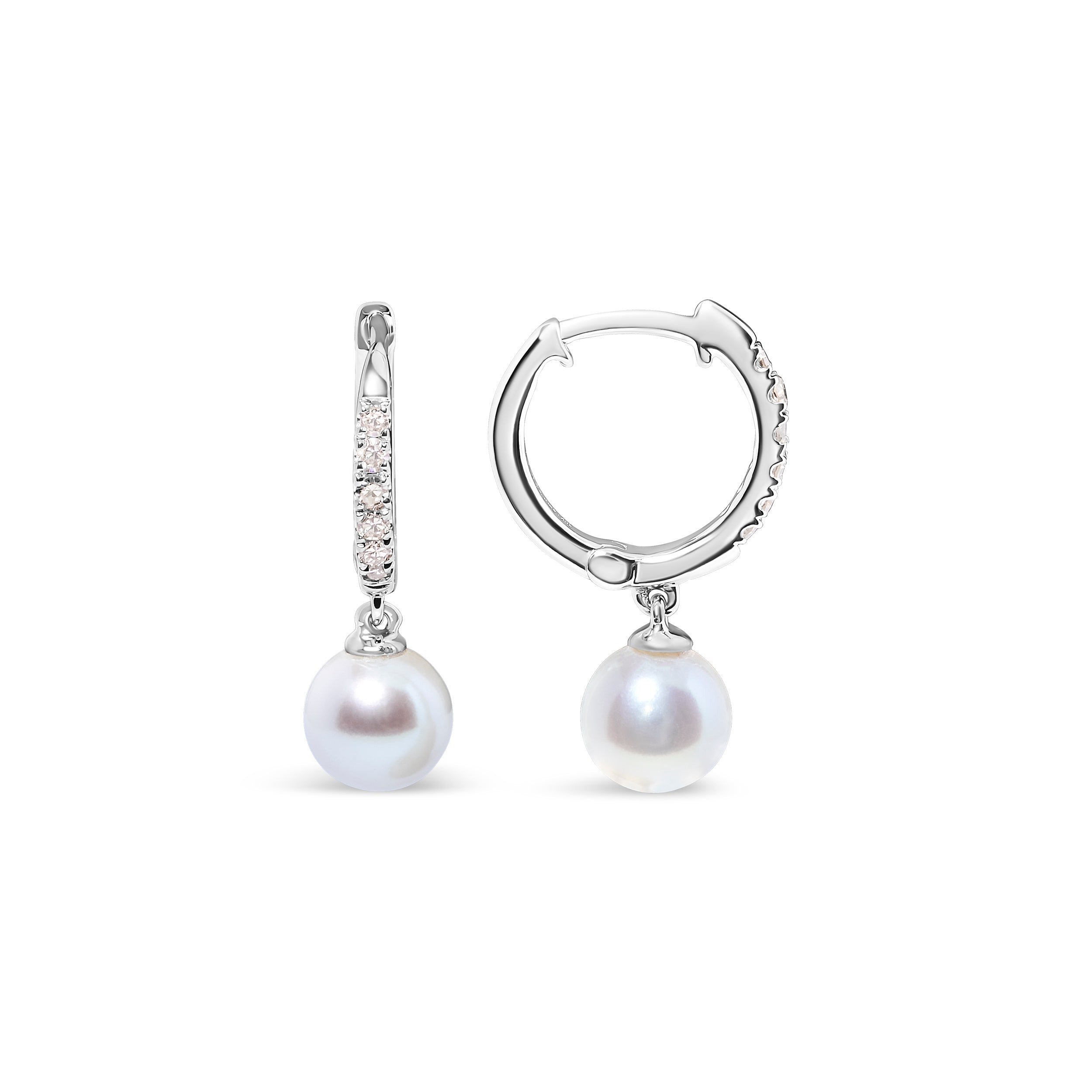 10K White Gold 6x6 MM Cultured Freshwater Pearl and Diamond Accent Drop Huggy Earring (H-I Color, I1-I2 Clarity) DestGlow