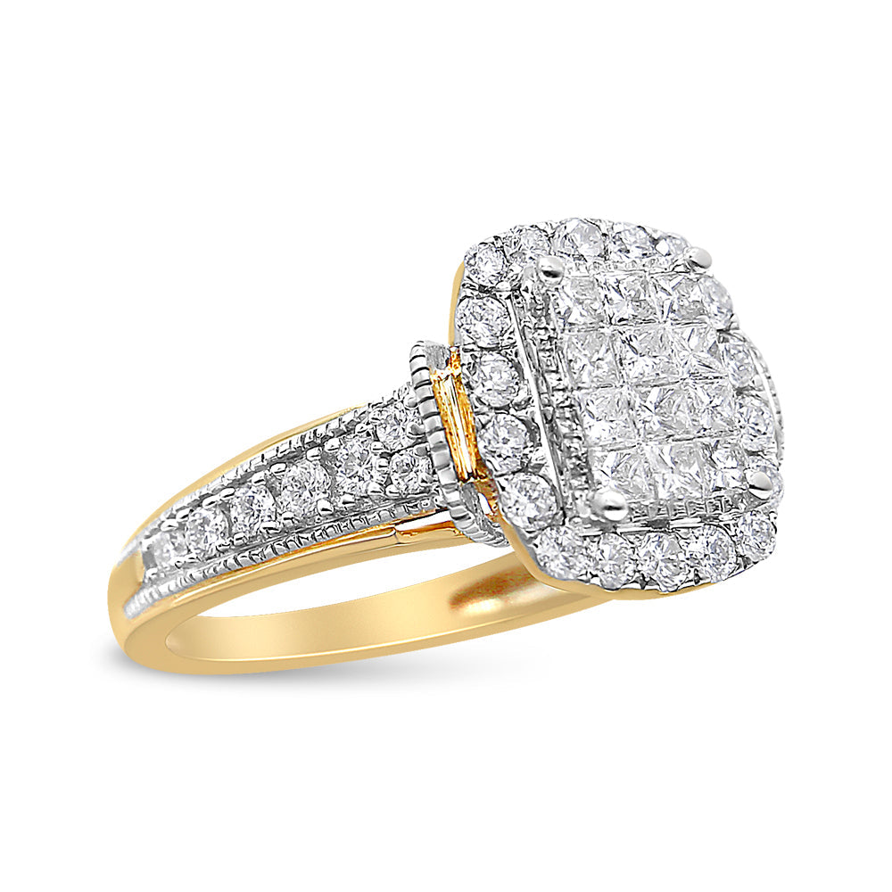 14K Yellow and White Gold 1.00 Cttw Princess and Round Cut Emerald Shaped Halo Diamond Cluster Ring (SI1-SI2 Clarity, H-I Color) - Size 7 by Bids.com