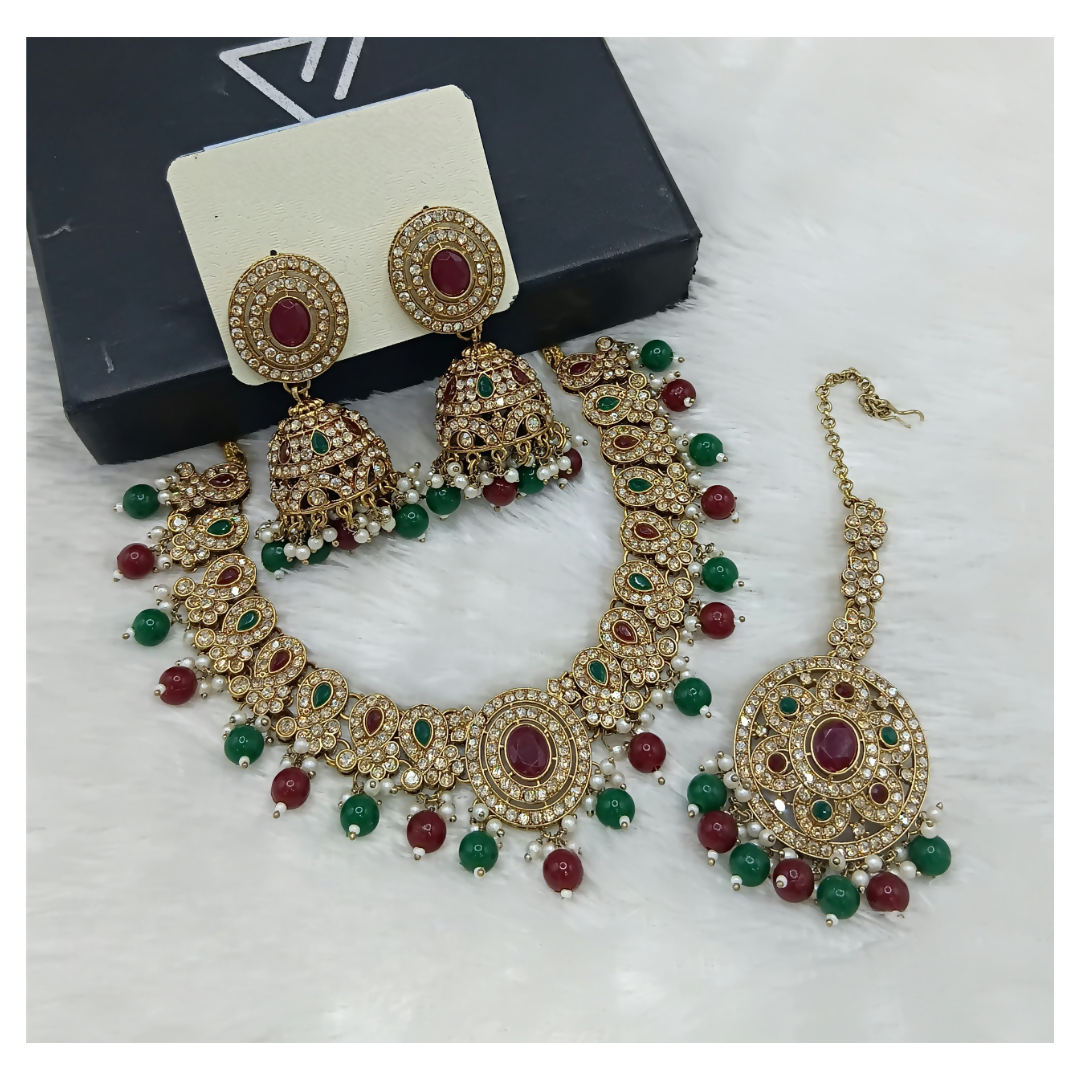 Joban Fashion Maroon-Green Stone Work Necklace Set