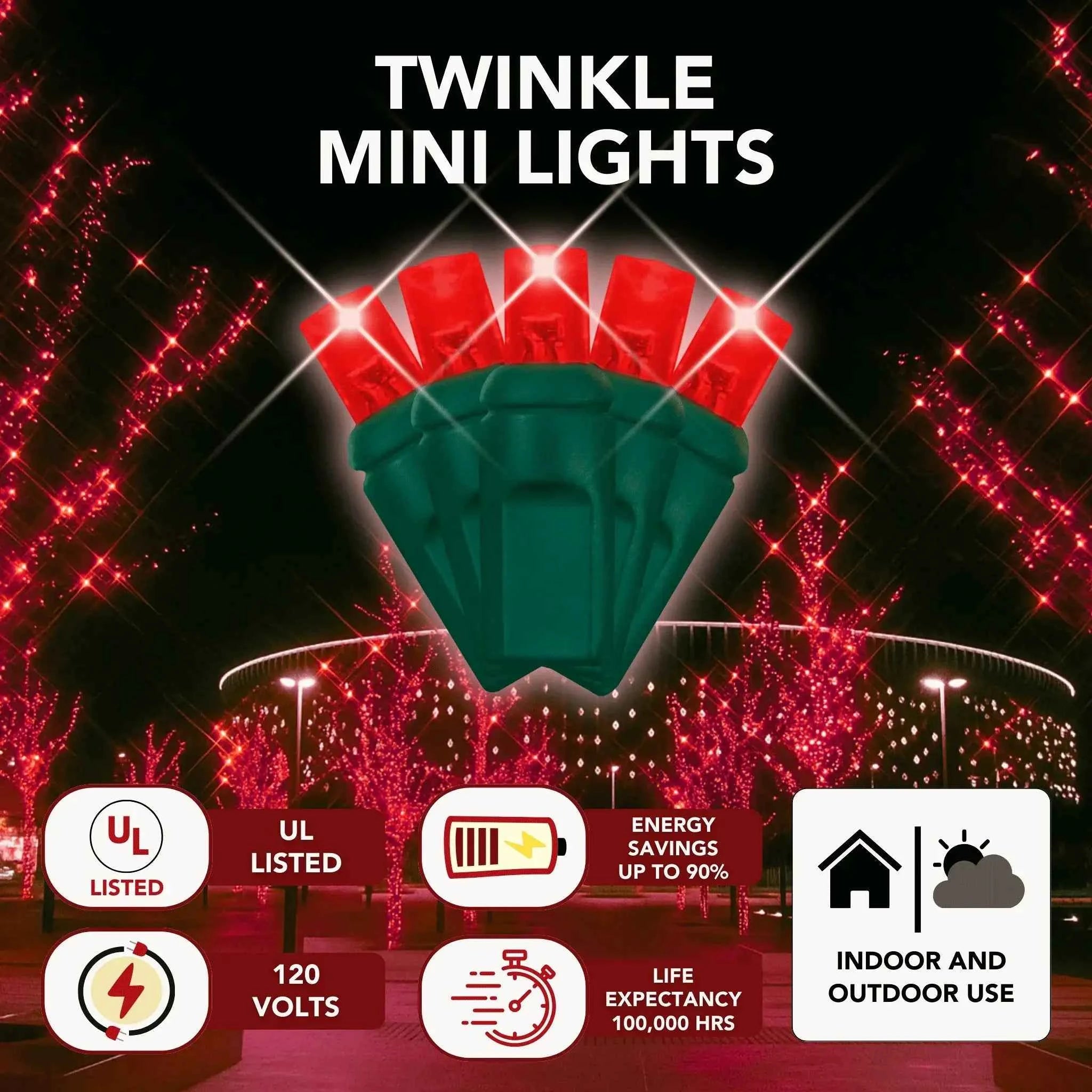 LED Mini Lights 5MM Red Twinkle Green Wire 6" Spacing