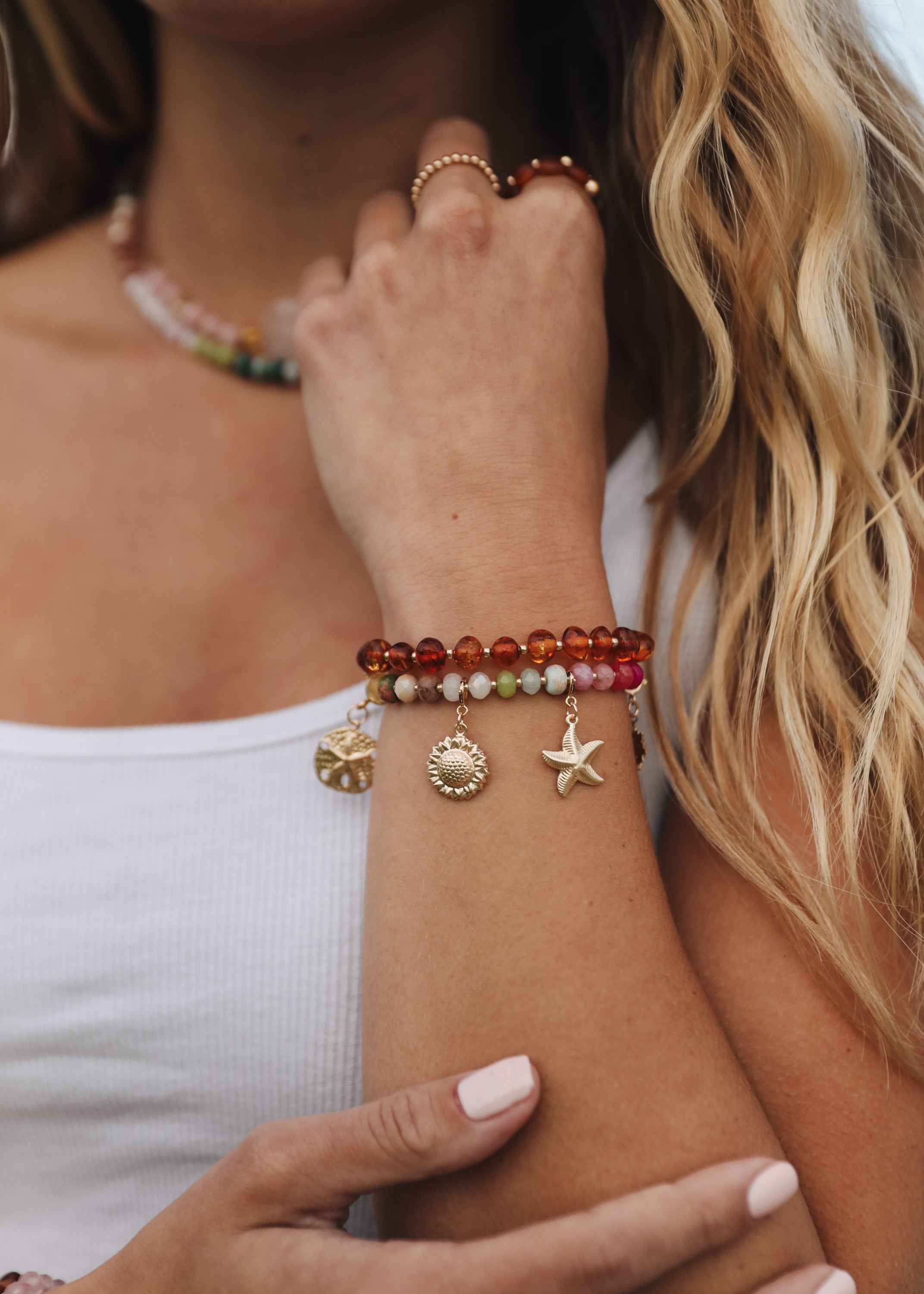 Baltic Sea Amber : 14k Gold Filled Beaded Sun + Moon || Adult Bracelets