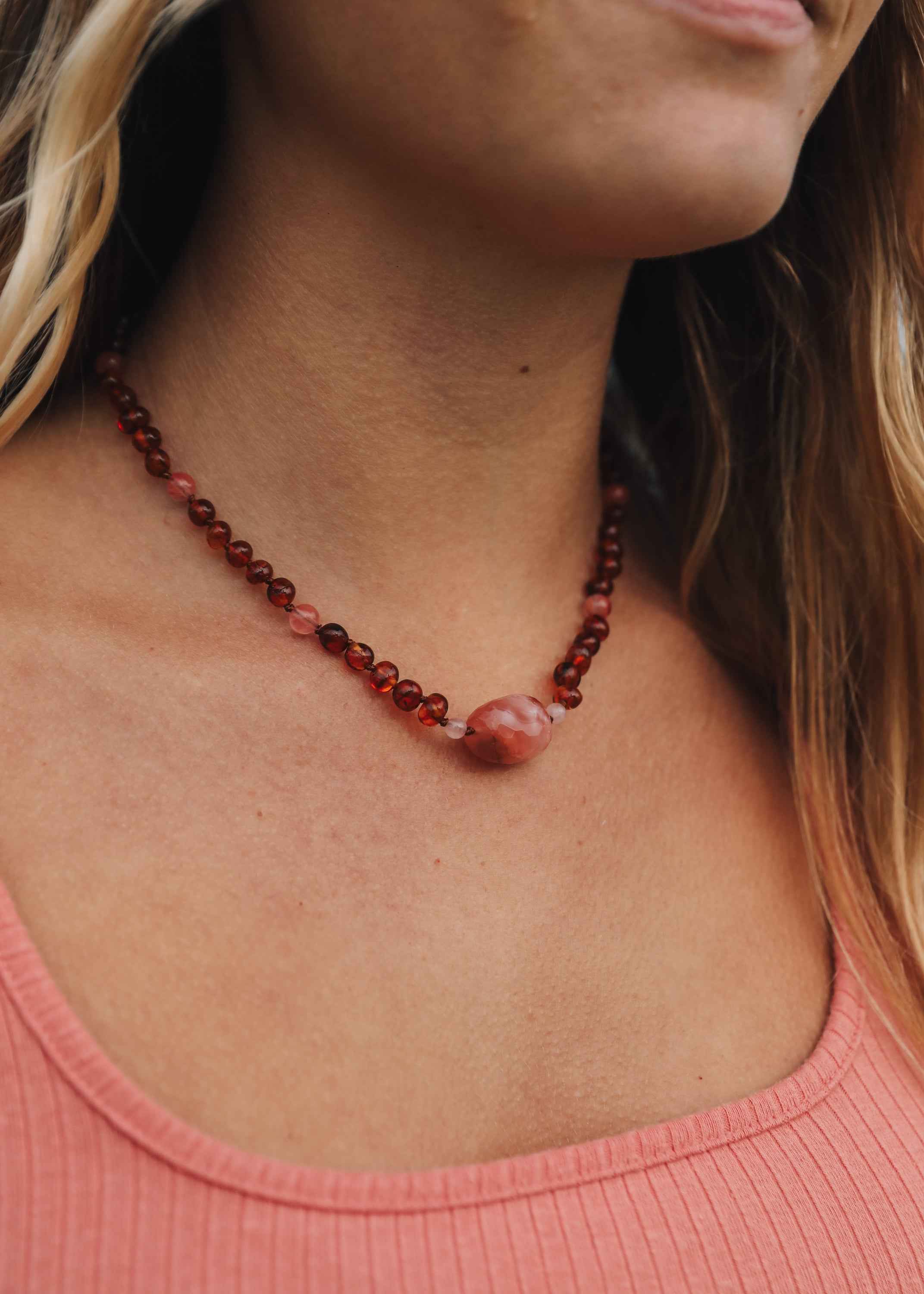Cognac Baltic Sea Amber || Cherry + Rose Quartz || Necklace DestGlow