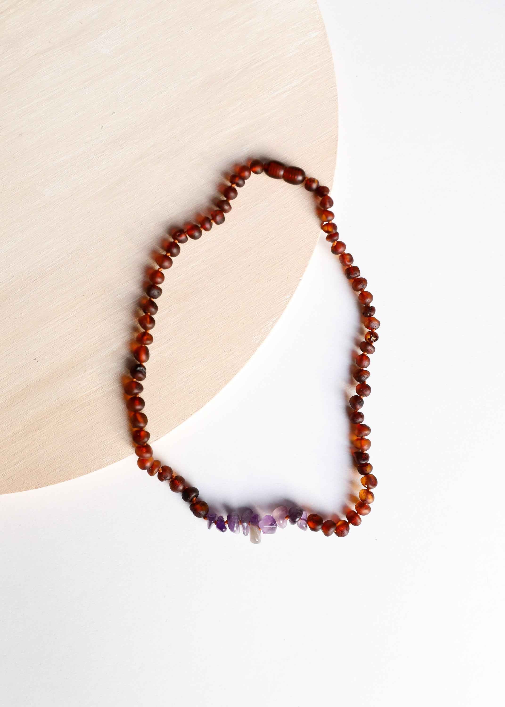 Raw Cognac Baltic Amber + Raw Amethyst || Necklace