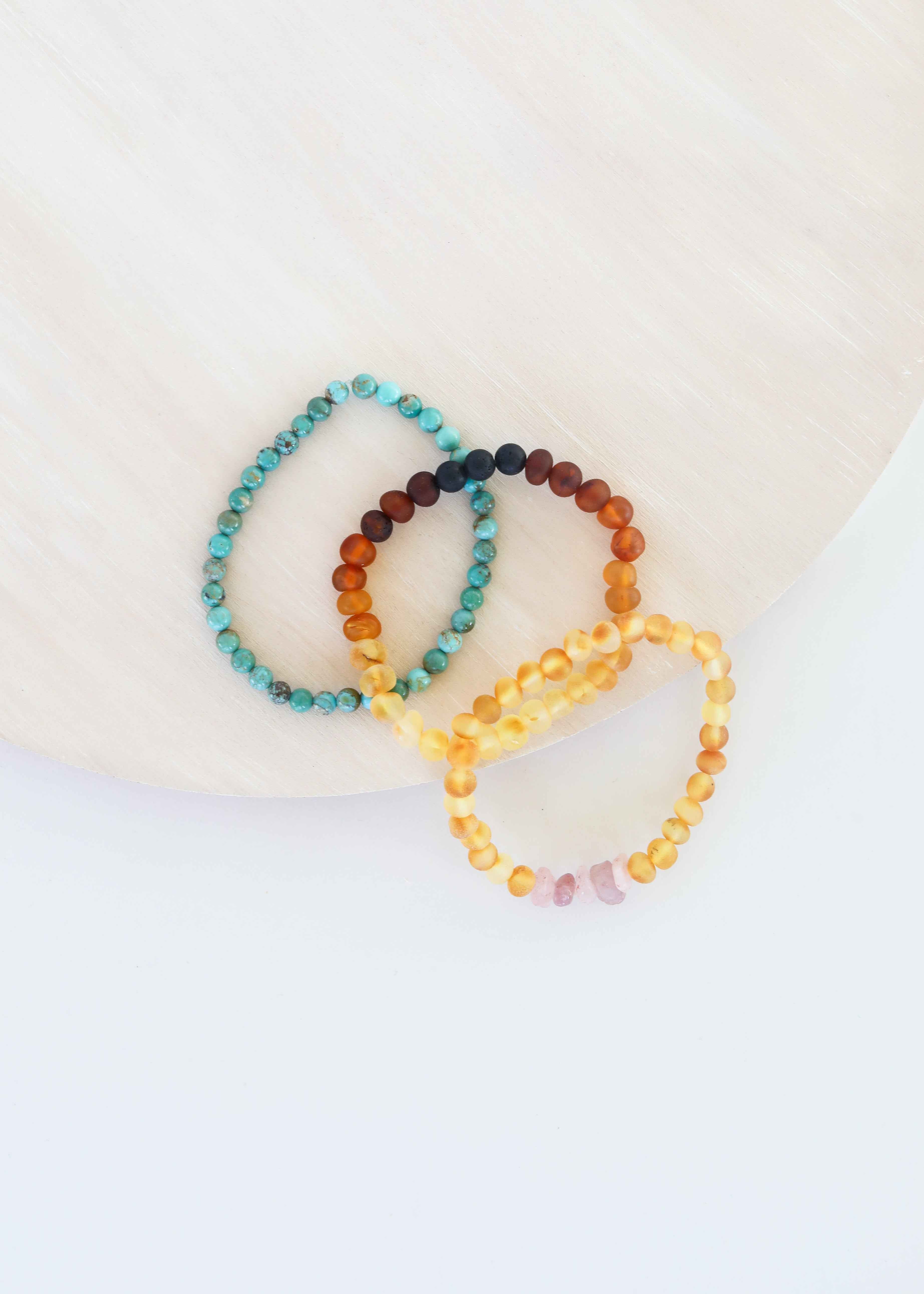 Natural Turquoise + Ombre + Raw Amber with Rose Quartz || Adult Bracelet Set