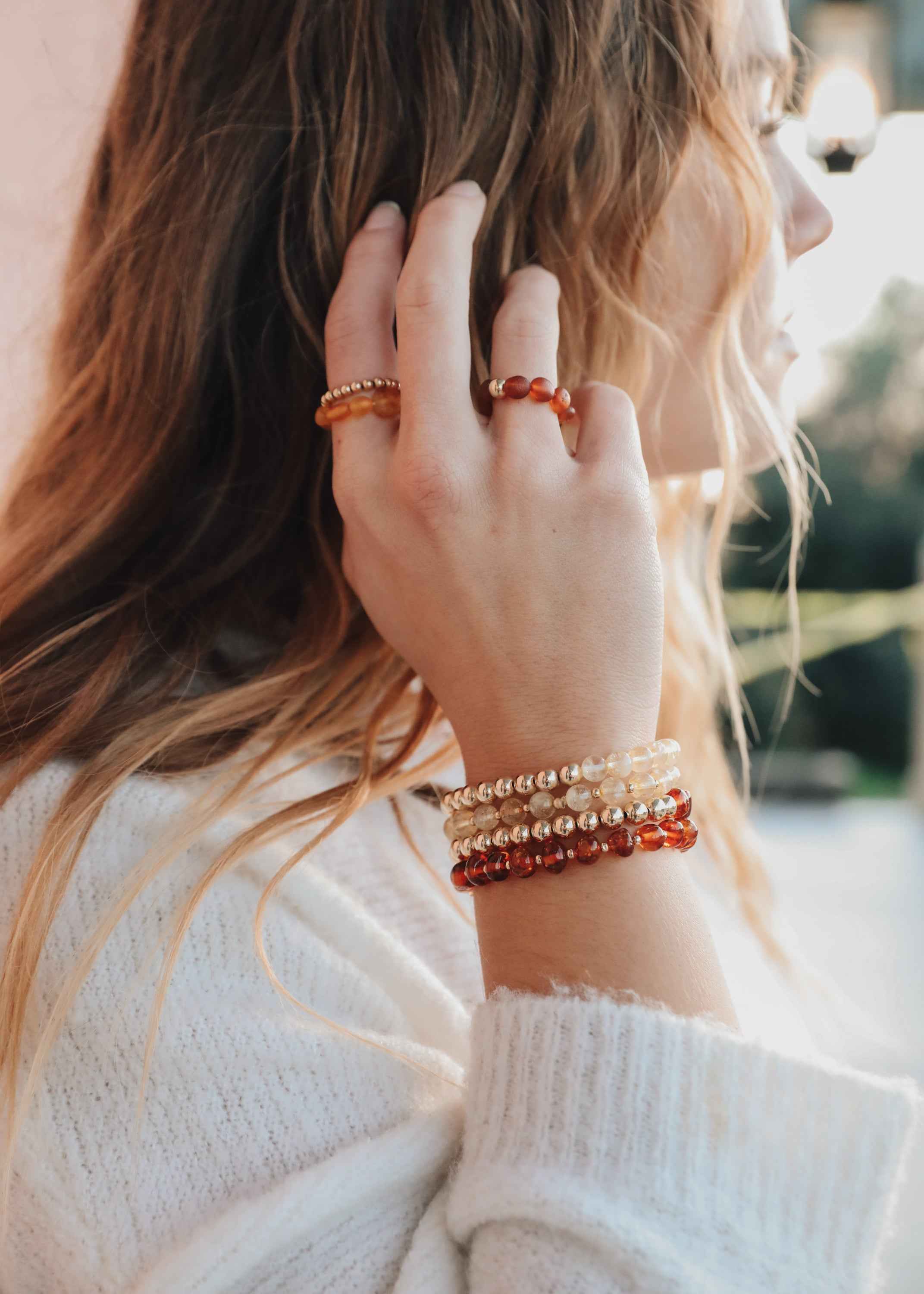 Baltic Sea Amber : 14k Gold Filled Beaded Sun + Moon || Adult Bracelets